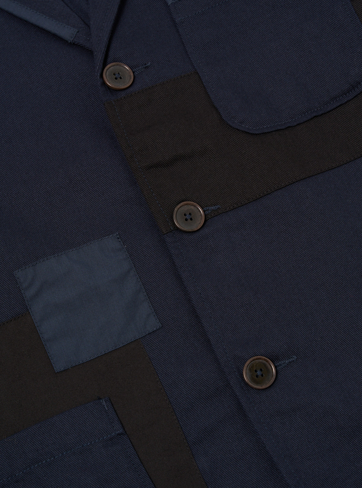 Universal Works Patched Three Button Jacket in Navy Mix Works Twill Mix