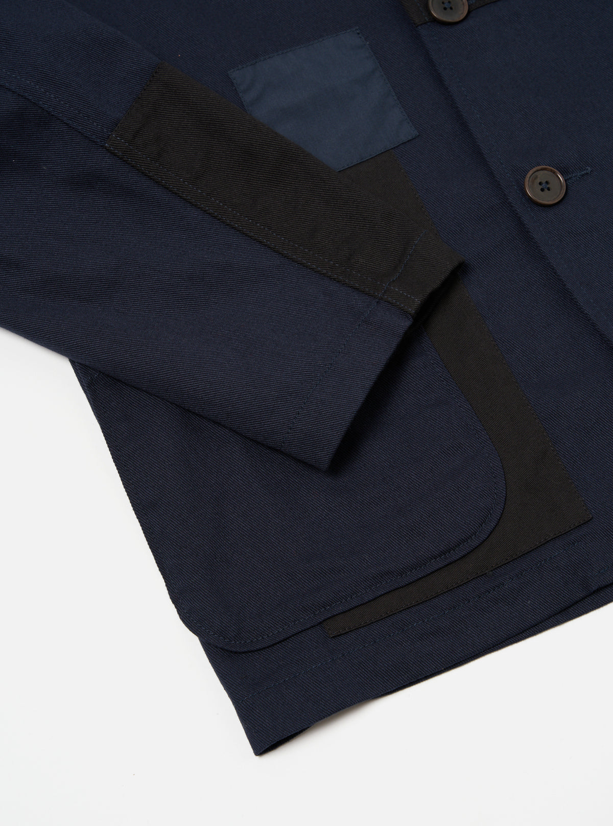 Universal Works Patched Three Button Jacket in Navy Mix Works Twill Mix