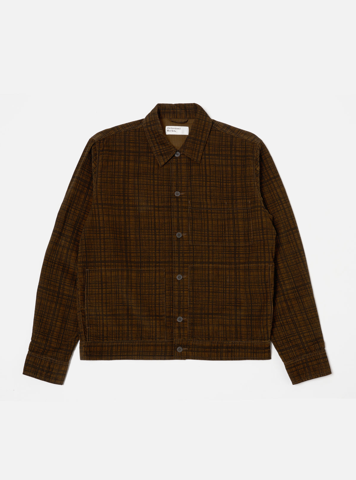 Universal Works Uniform Jacket in Brown Check Cord Seersucker