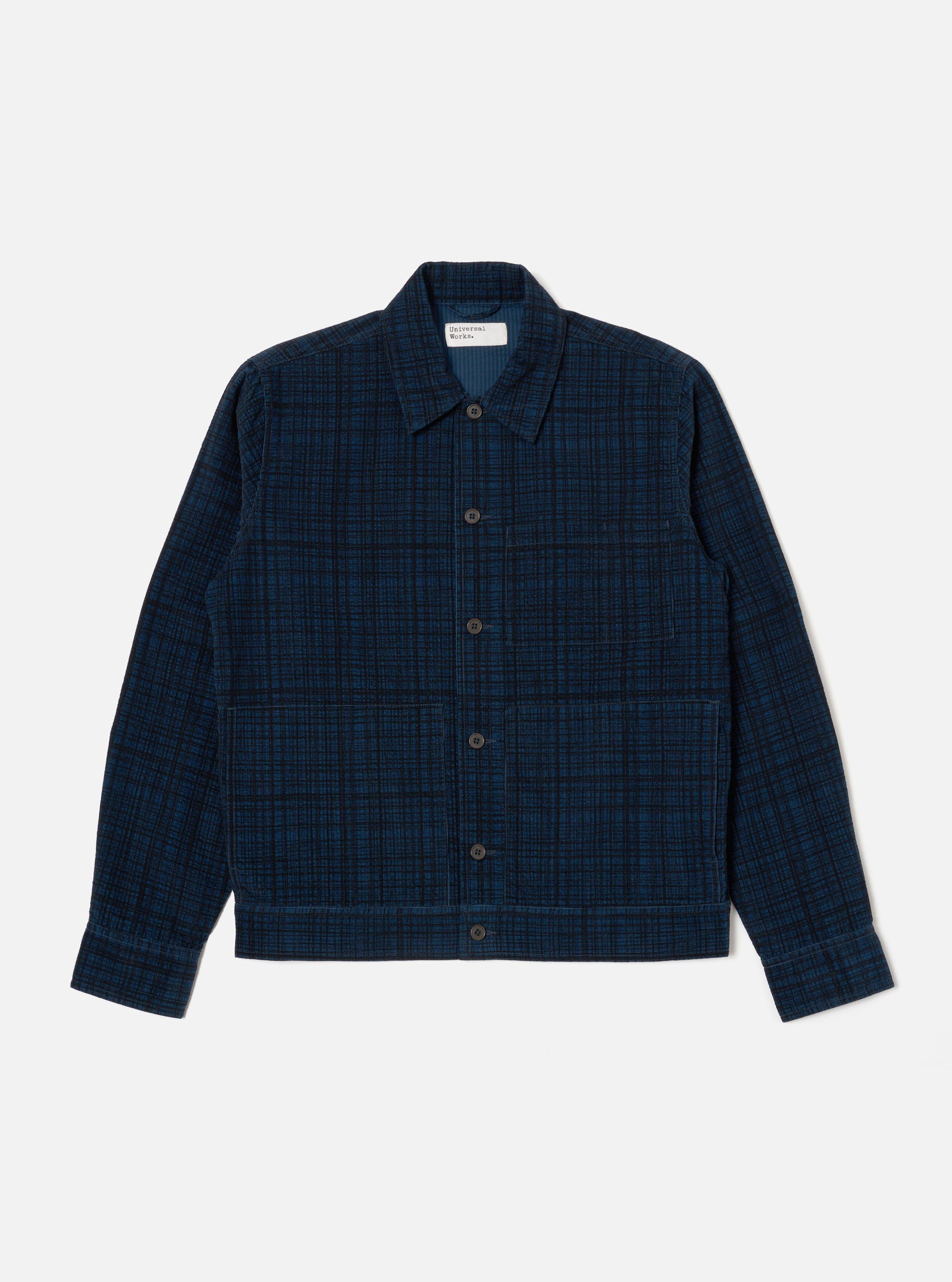 Universal Works Uniform Jacket in Navy Check Cord Seersucker