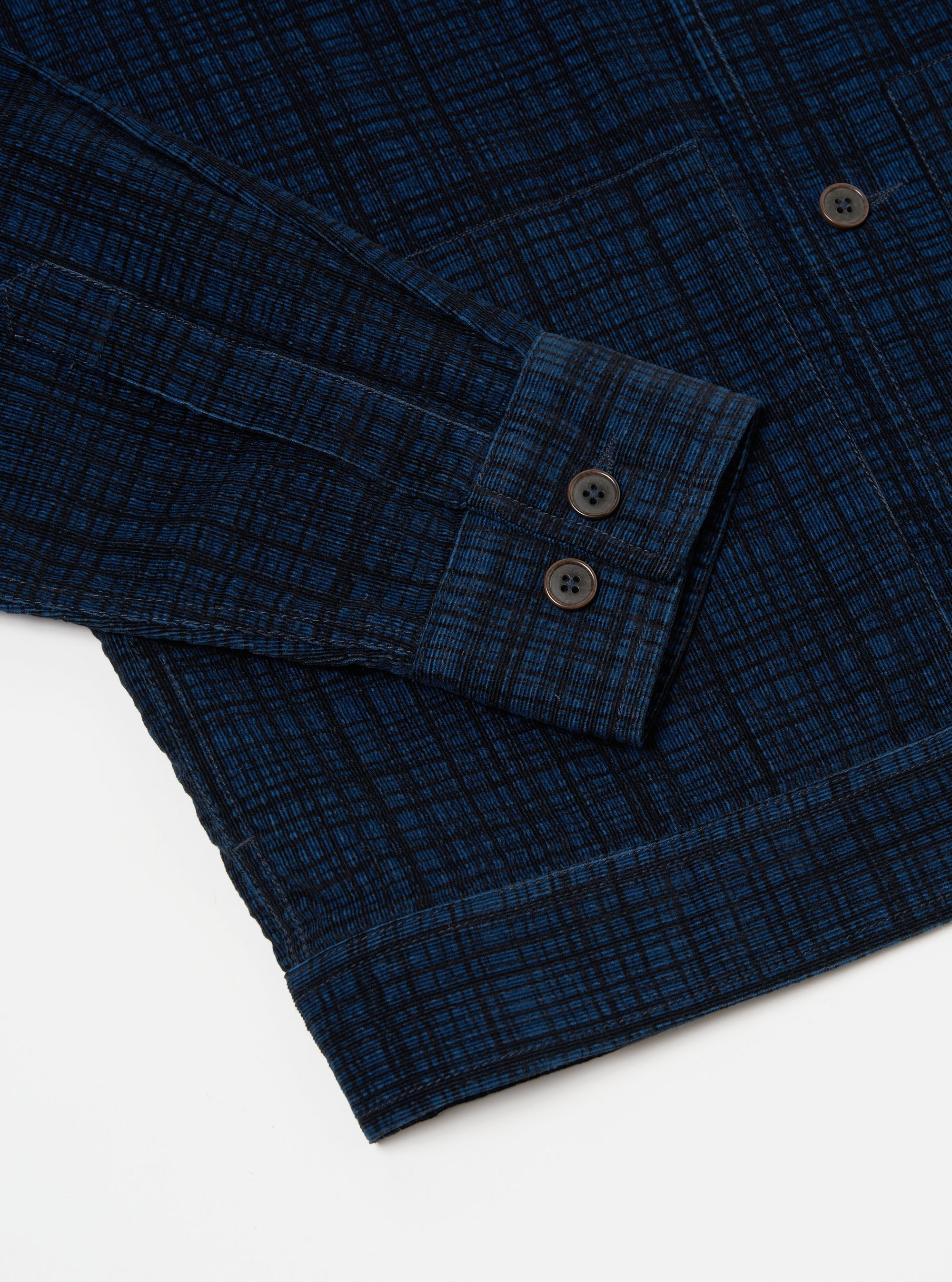 Universal Works Uniform Jacket in Navy Check Cord Seersucker