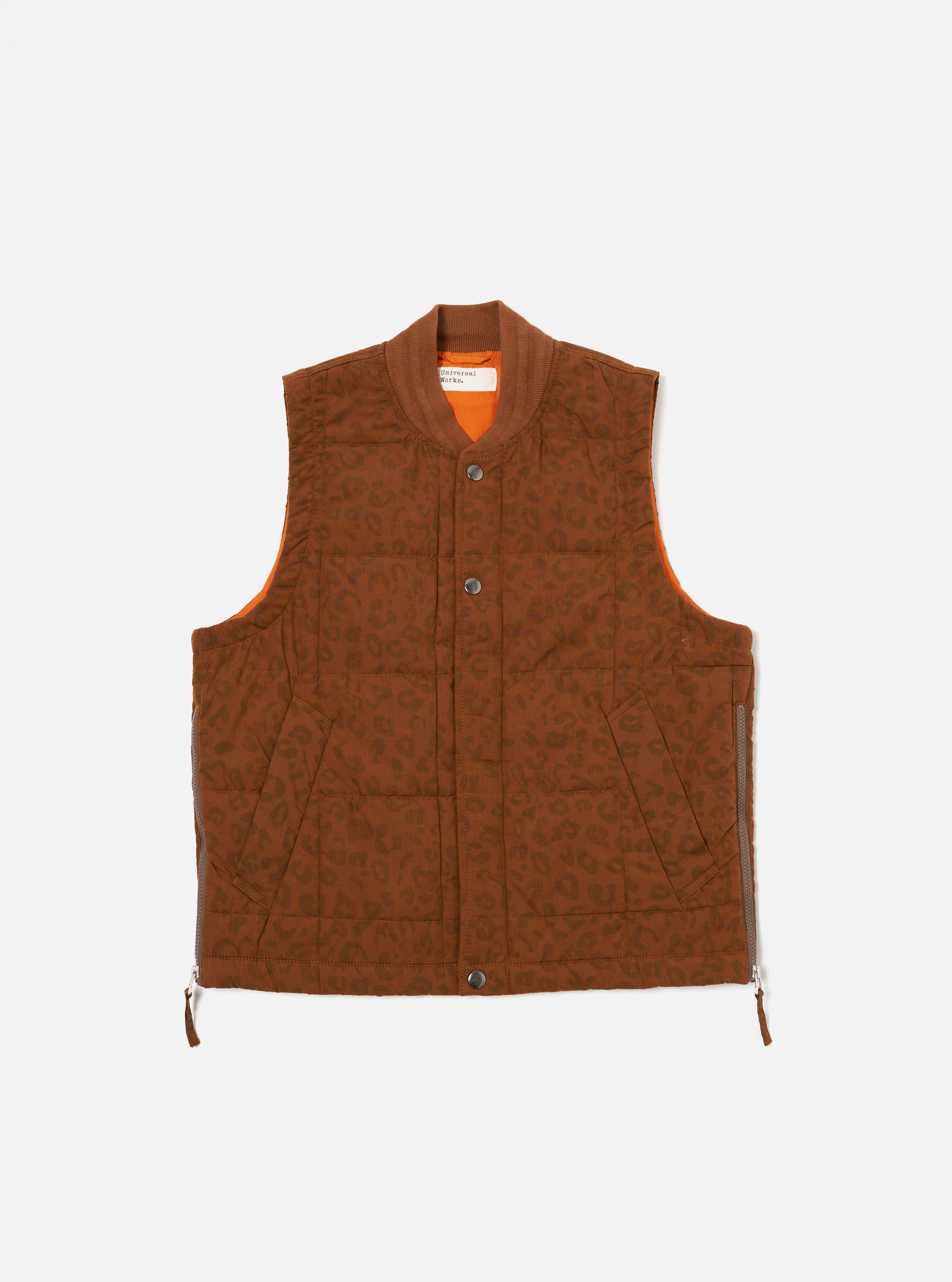 Universal Works Carlton Gilet in Orange Leopard Recycled Polytech