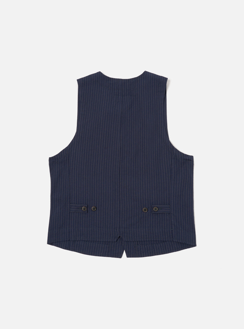 Universal Works Field Waistcoat in Navy Cotton Pinstripe