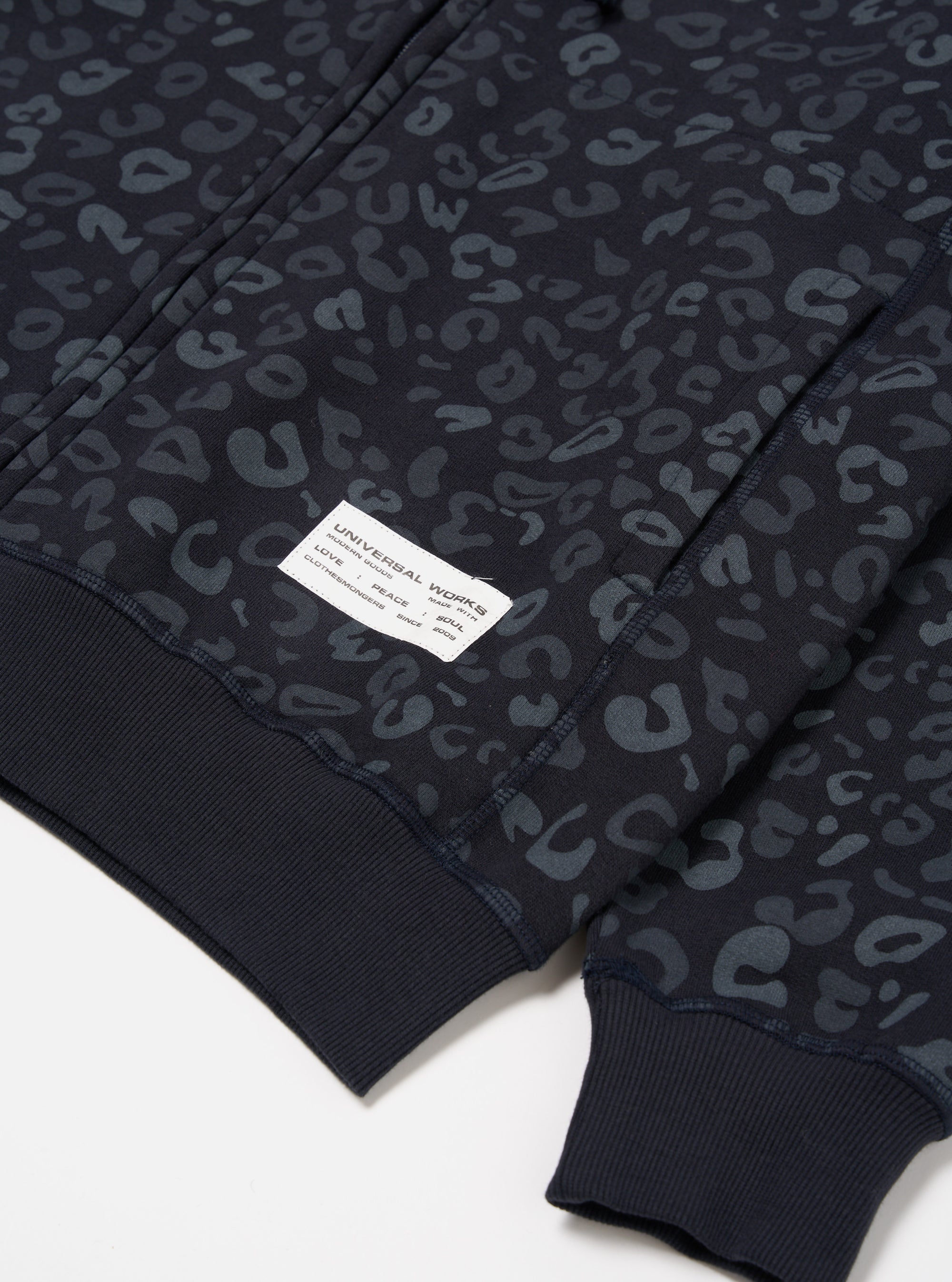 Universal Works New York Hoody in Navy Leopard Brush Back