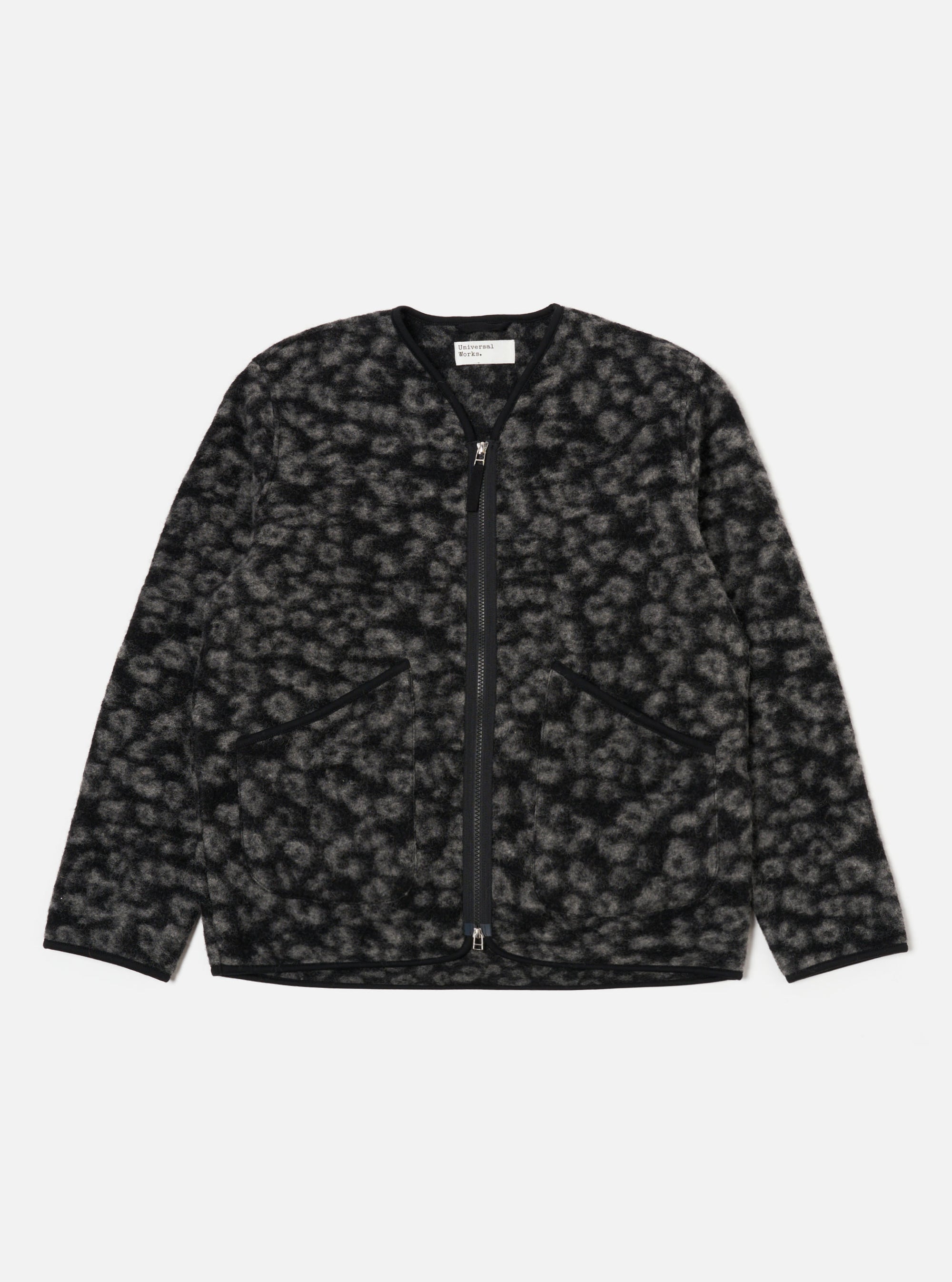 Universal Works Zip Liner Jacket in Black/Charcoal Leopard Fleece