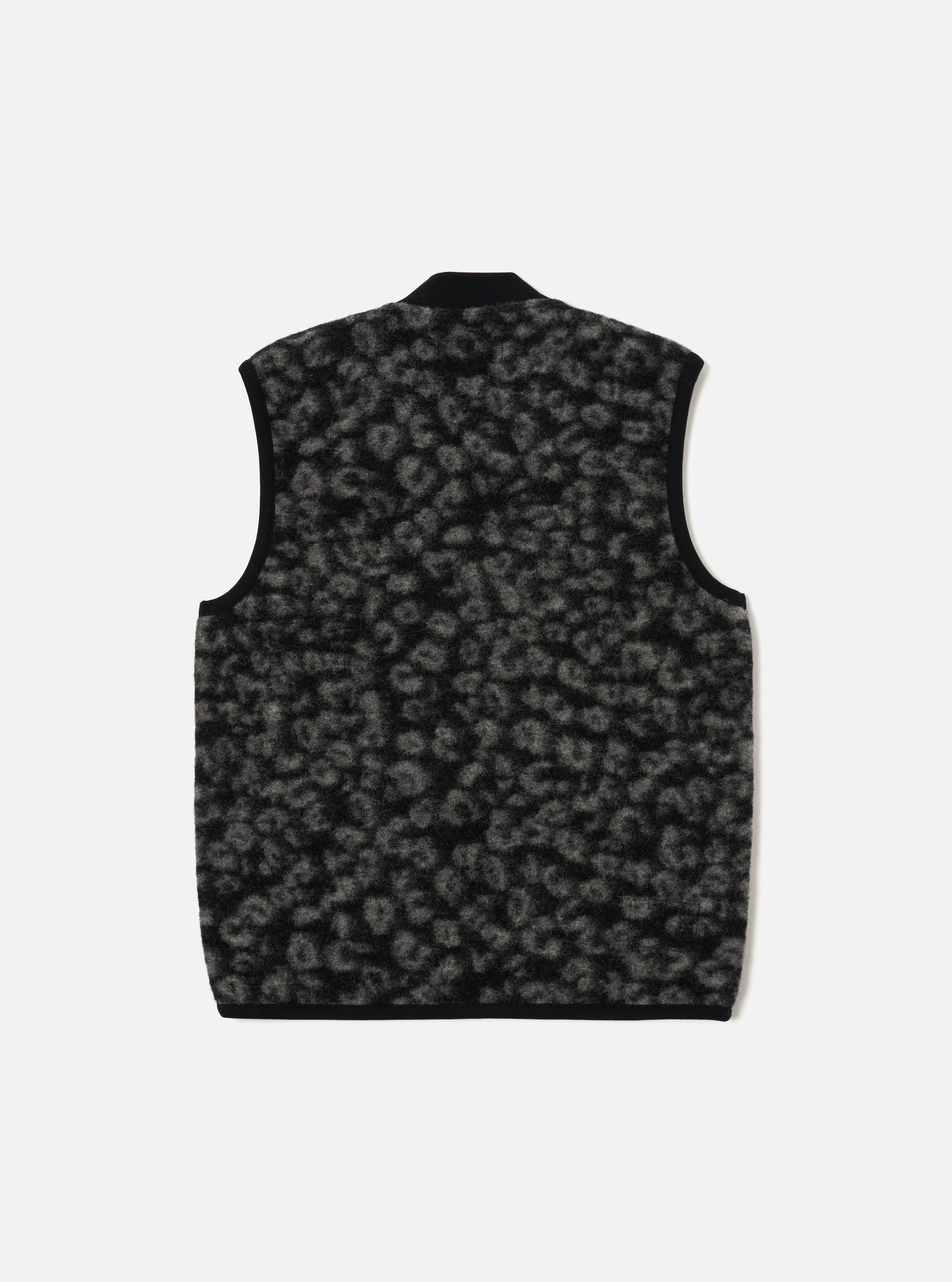 Universal Works Zip Waistcoat in Black/Charcoal Leopard Fleece