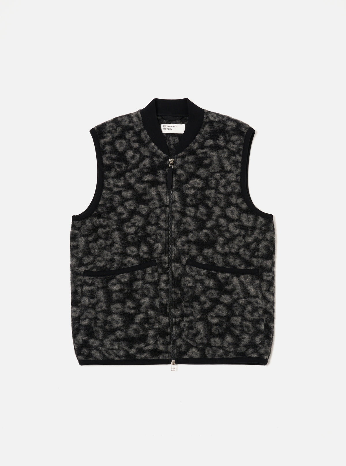 Universal Works Zip Waistcoat in Black/Charcoal Leopard Fleece