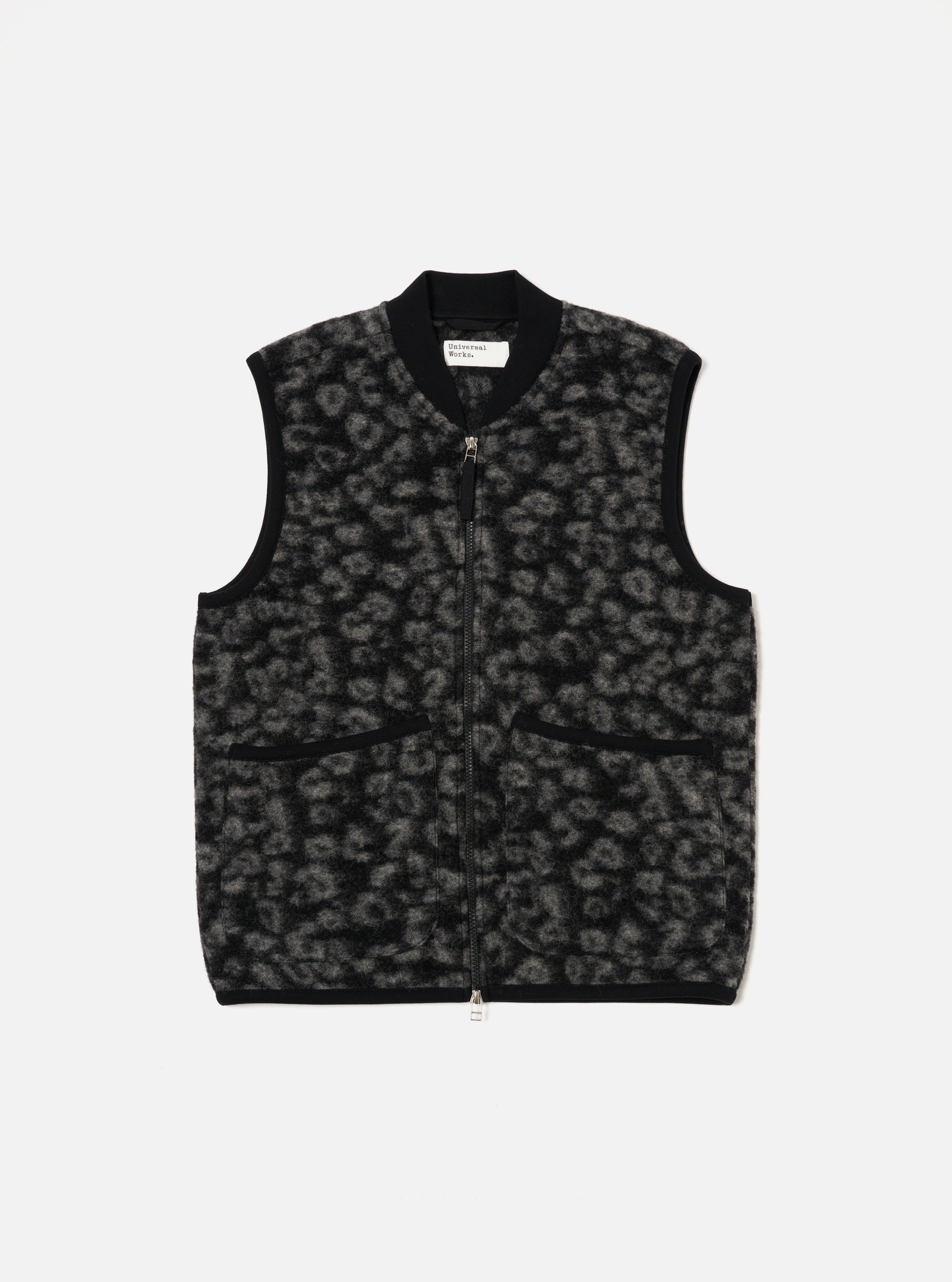 Universal Works Zip Waistcoat in Black/Charcoal Leopard Fleece