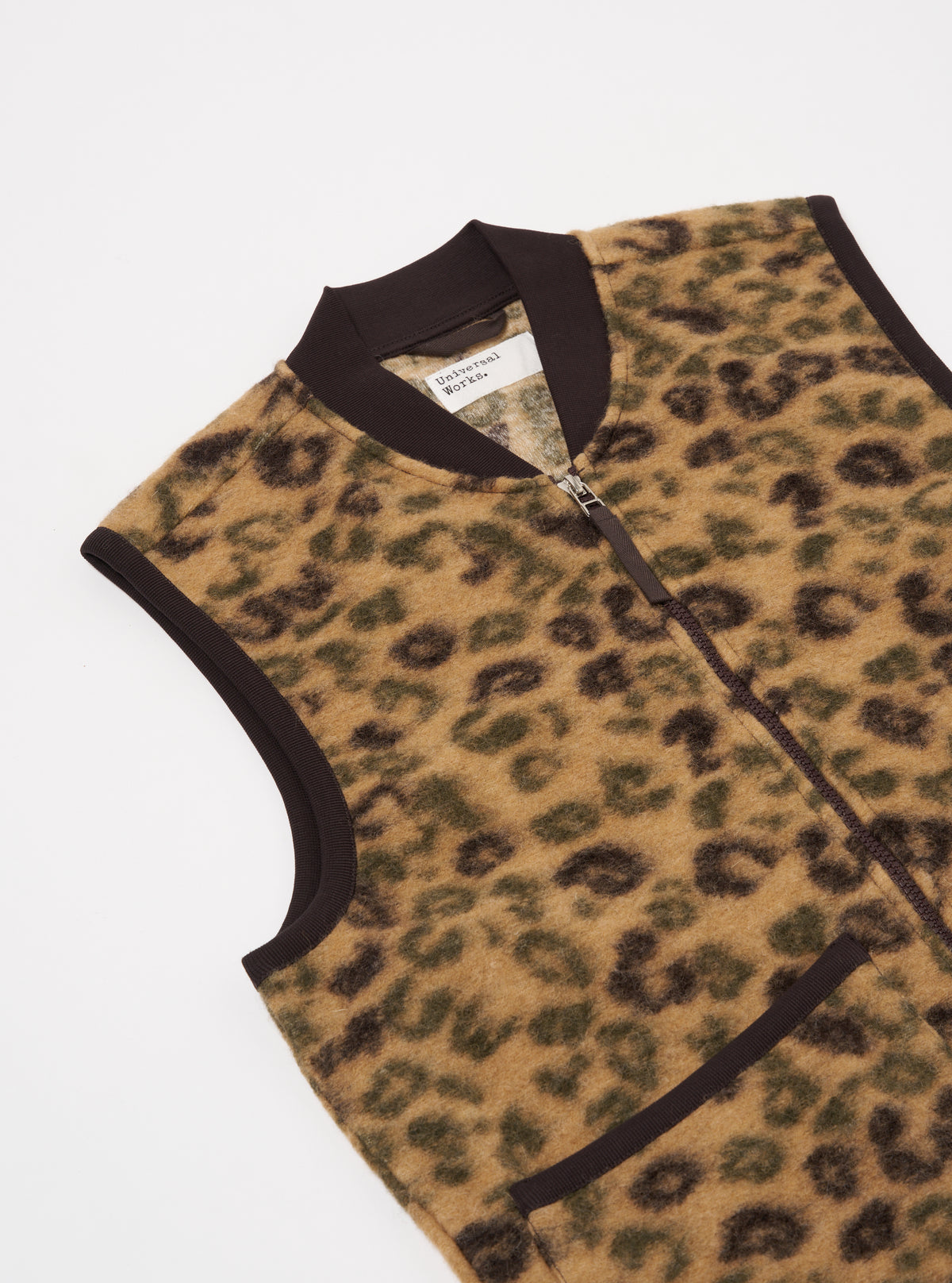 Universal Works Zip Waistcoat in Camo Leopard Fleece