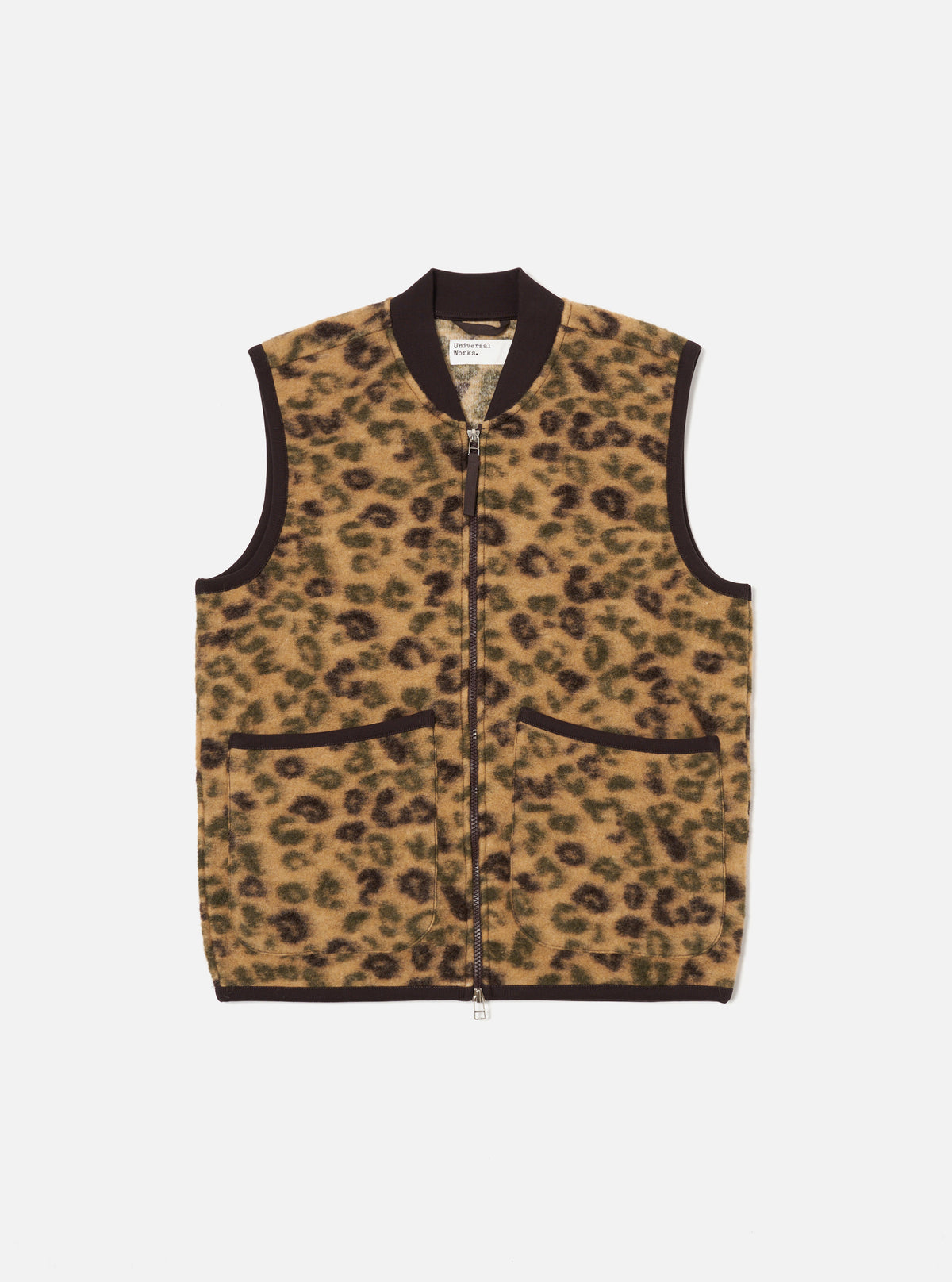 Universal Works Zip Waistcoat in Camo Leopard Fleece