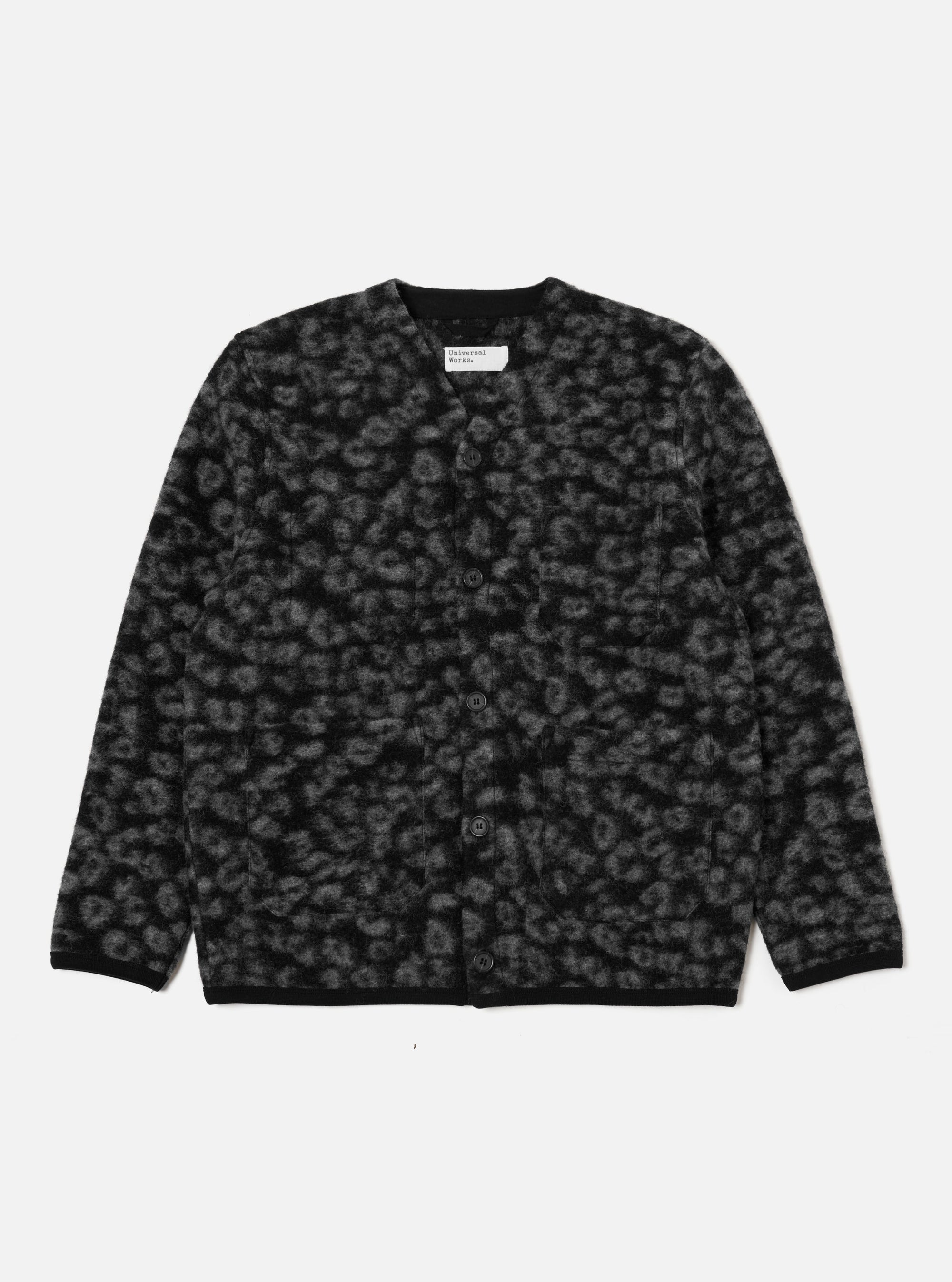 Universal Works Cardigan in Black/Charcoal Leopard Fleece