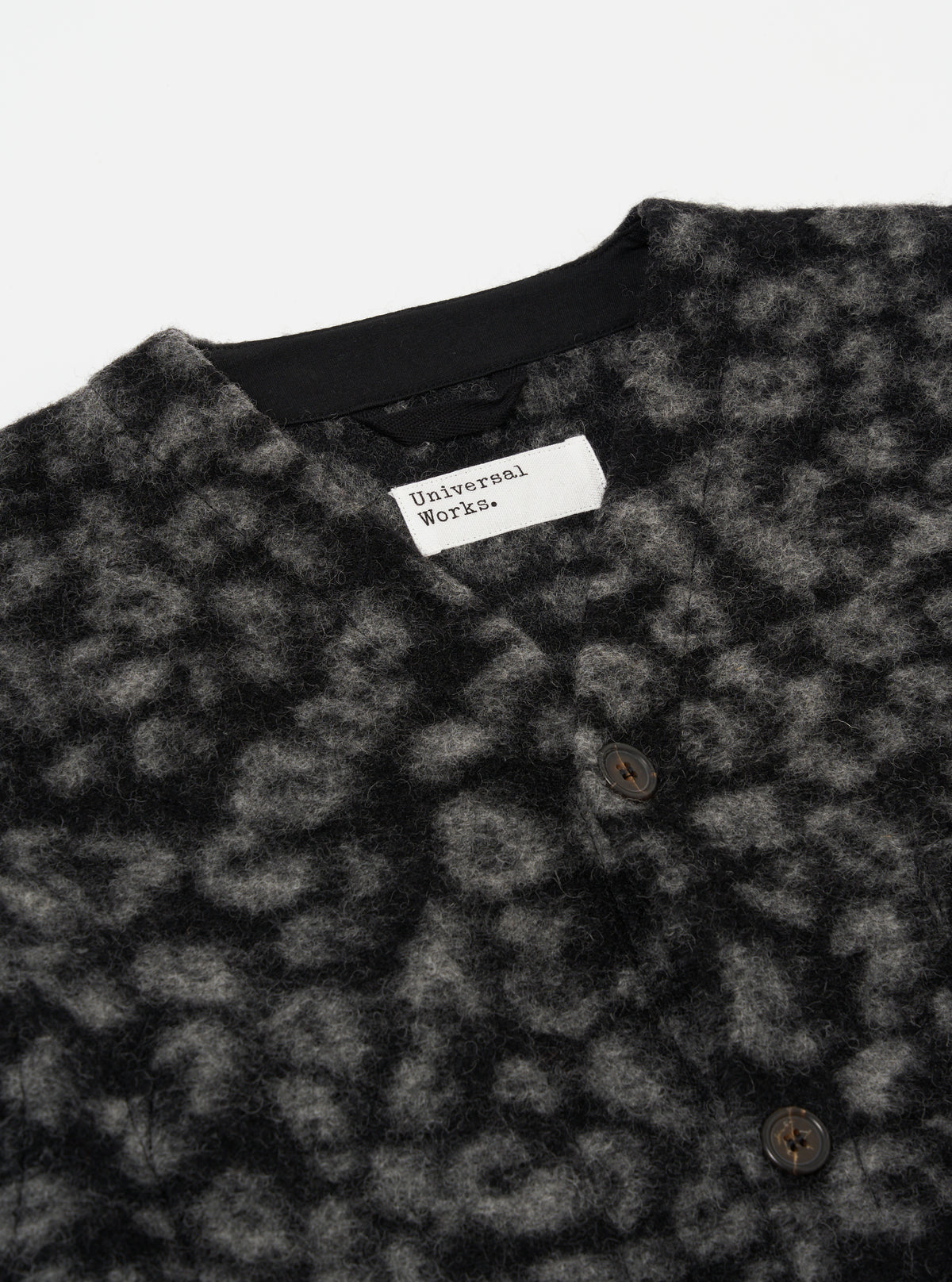 Universal Works Cardigan in Black/Charcoal Leopard Fleece