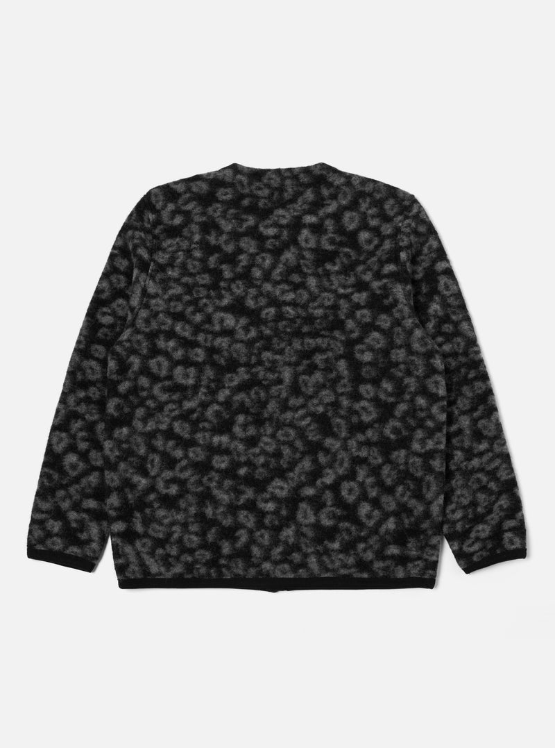 Universal Works Cardigan in Black/Charcoal Leopard Fleece