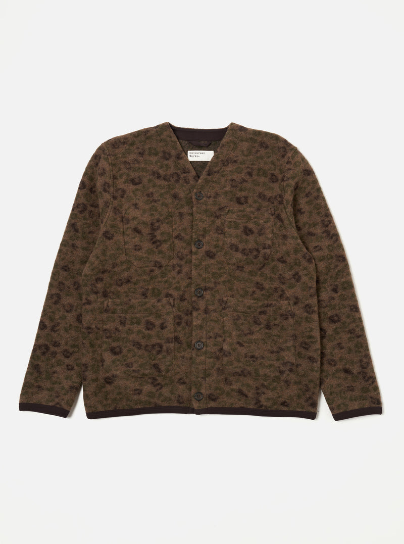 Universal Works Cardigan in Brown Camo Leopard ll Fleece