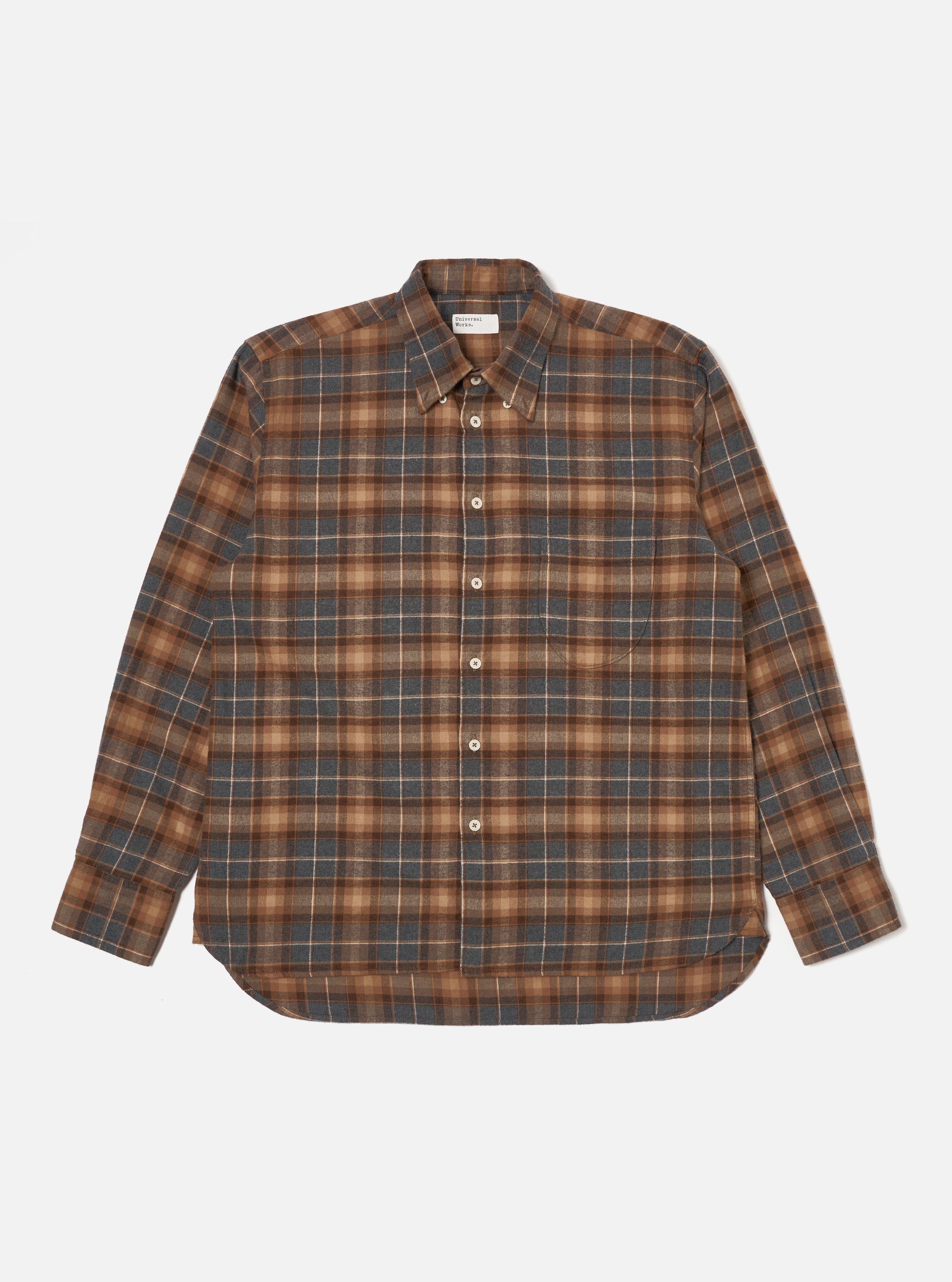 Universal Works Lazy Day Shirt in Brown Grey Brushed Twill Check