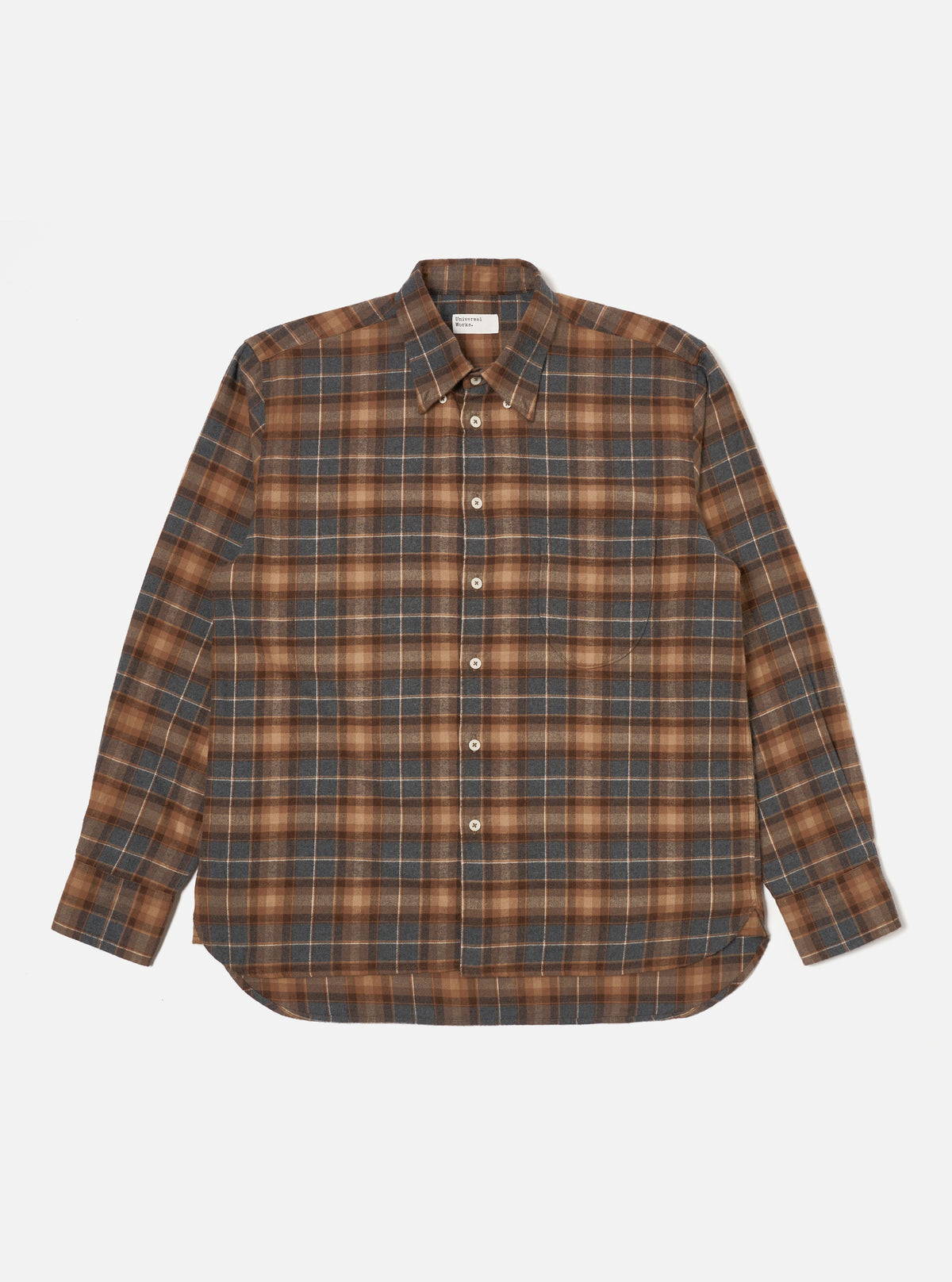 Universal Works Lazy Day Shirt in Brown/Grey Brushed Twill Check