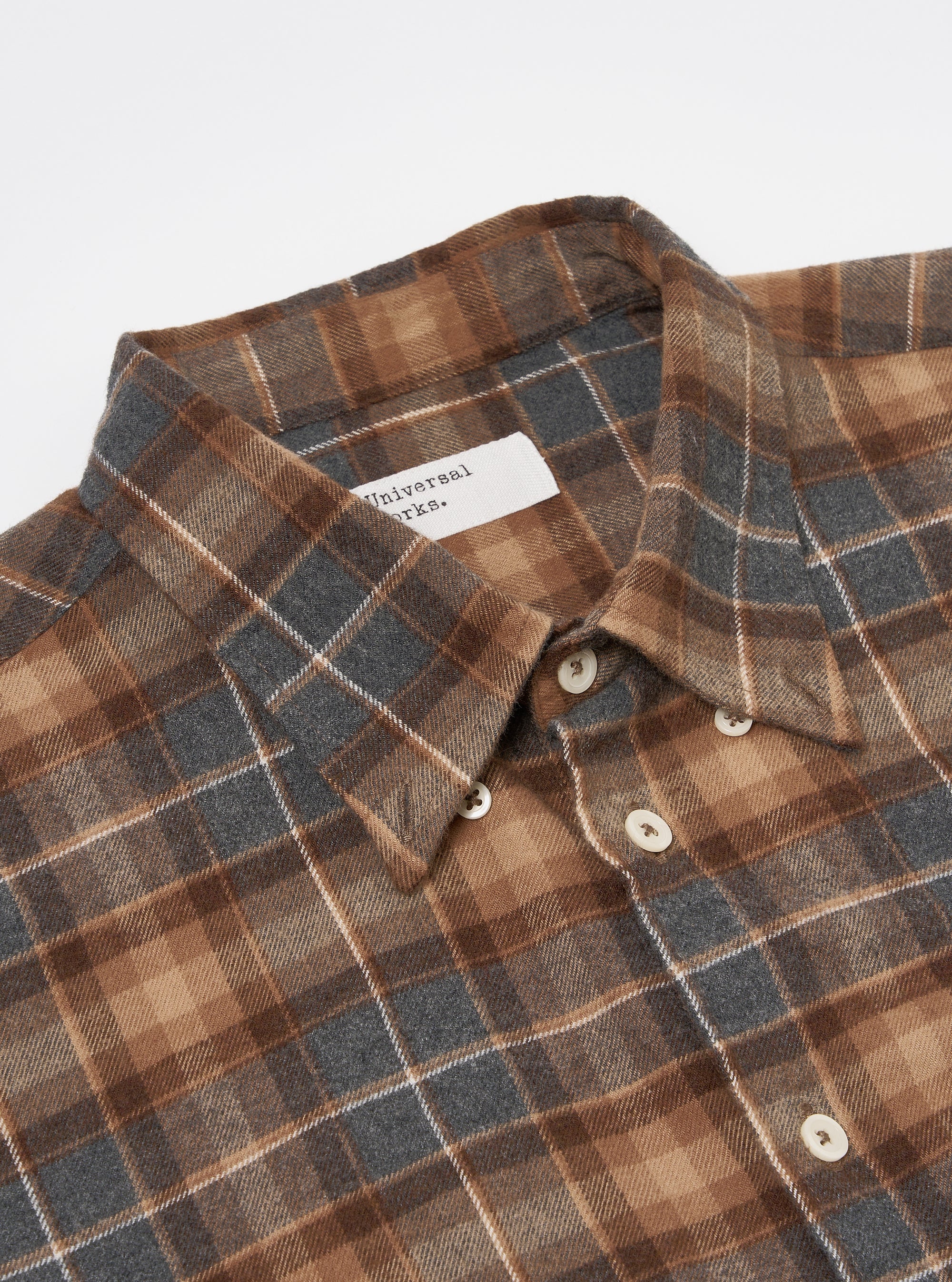 Universal Works Lazy Day Shirt in Brown/Grey Brushed Twill Check