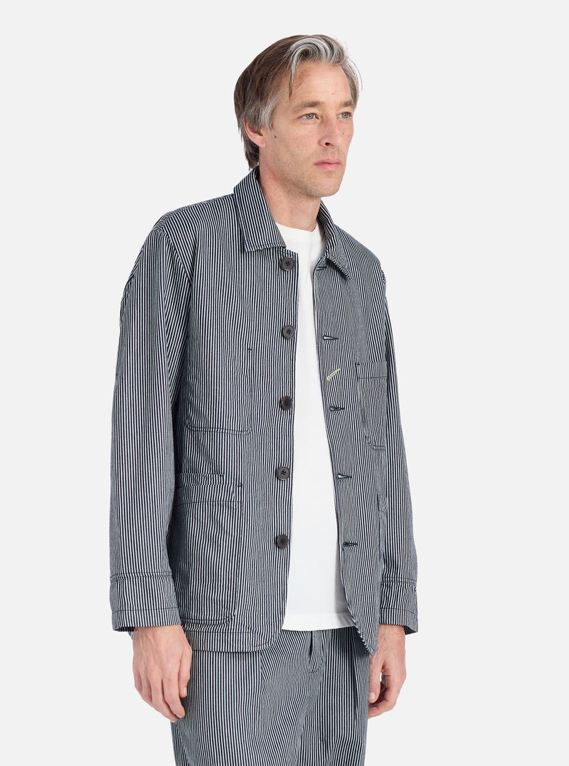 Universal Works Original Bakers Jacket in Indigo Hickory Stripe Denim