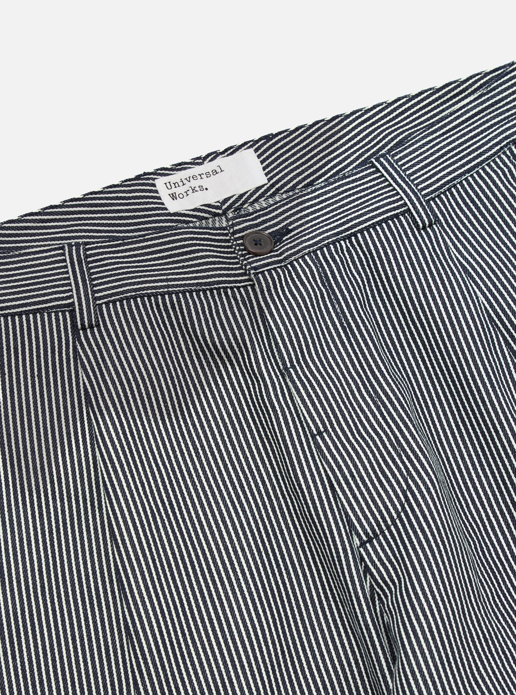 Universal Works Duke Pant in Indigo Hickory Stripe Denim
