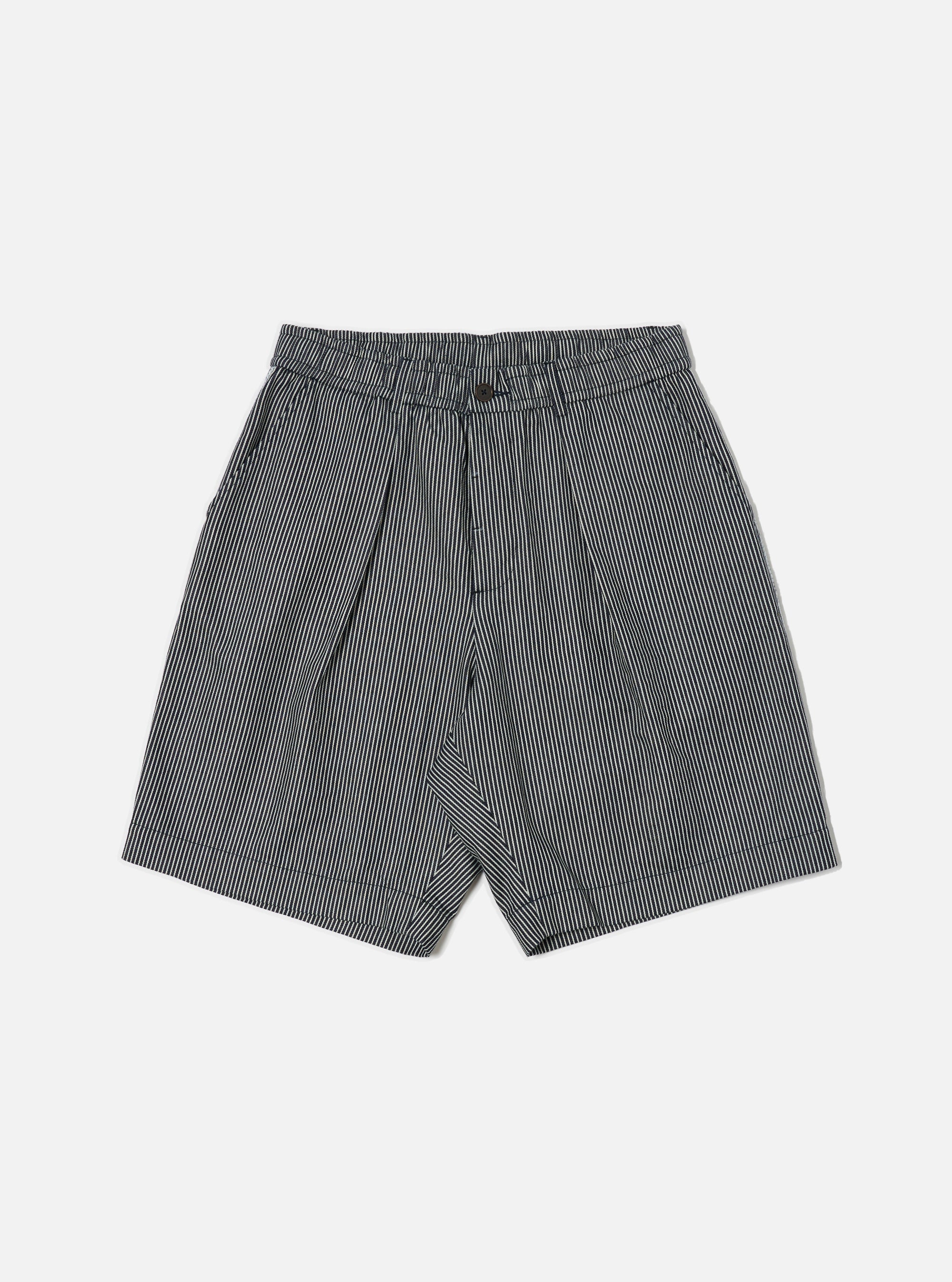 Universal Works Pleated Track Short in Indigo Hickory Stripe Denim