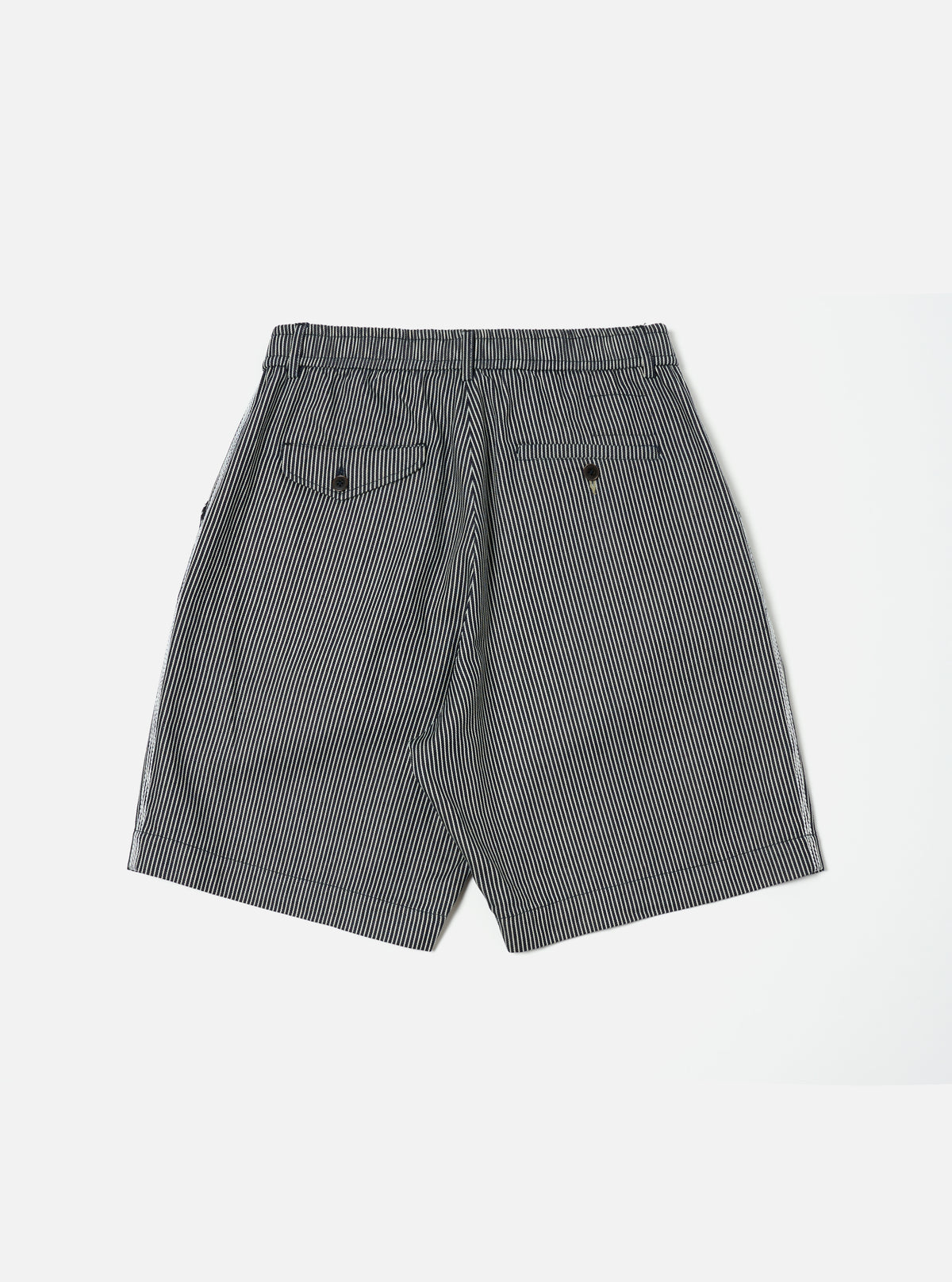 Universal Works Pleated Track Short in Indigo Hickory Stripe Denim