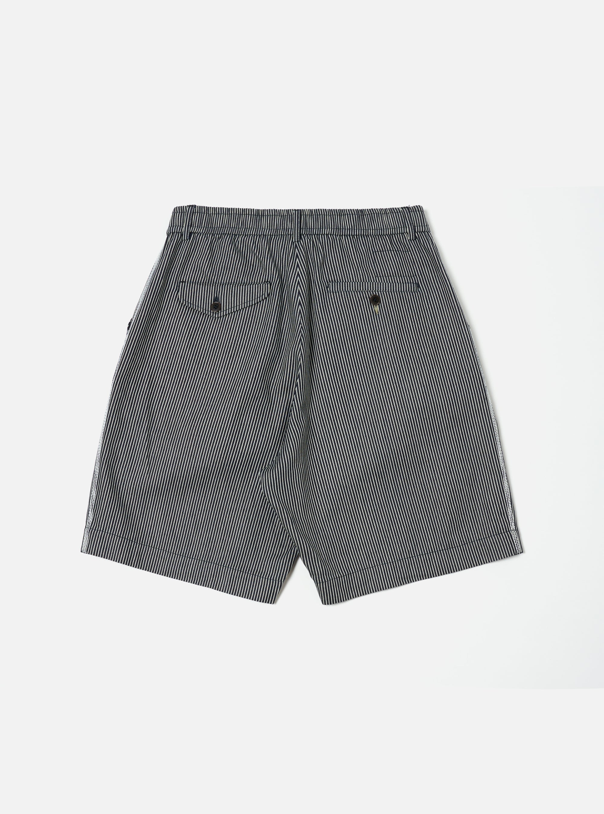 Universal Works Pleated Track Short in Indigo Hickory Stripe Denim