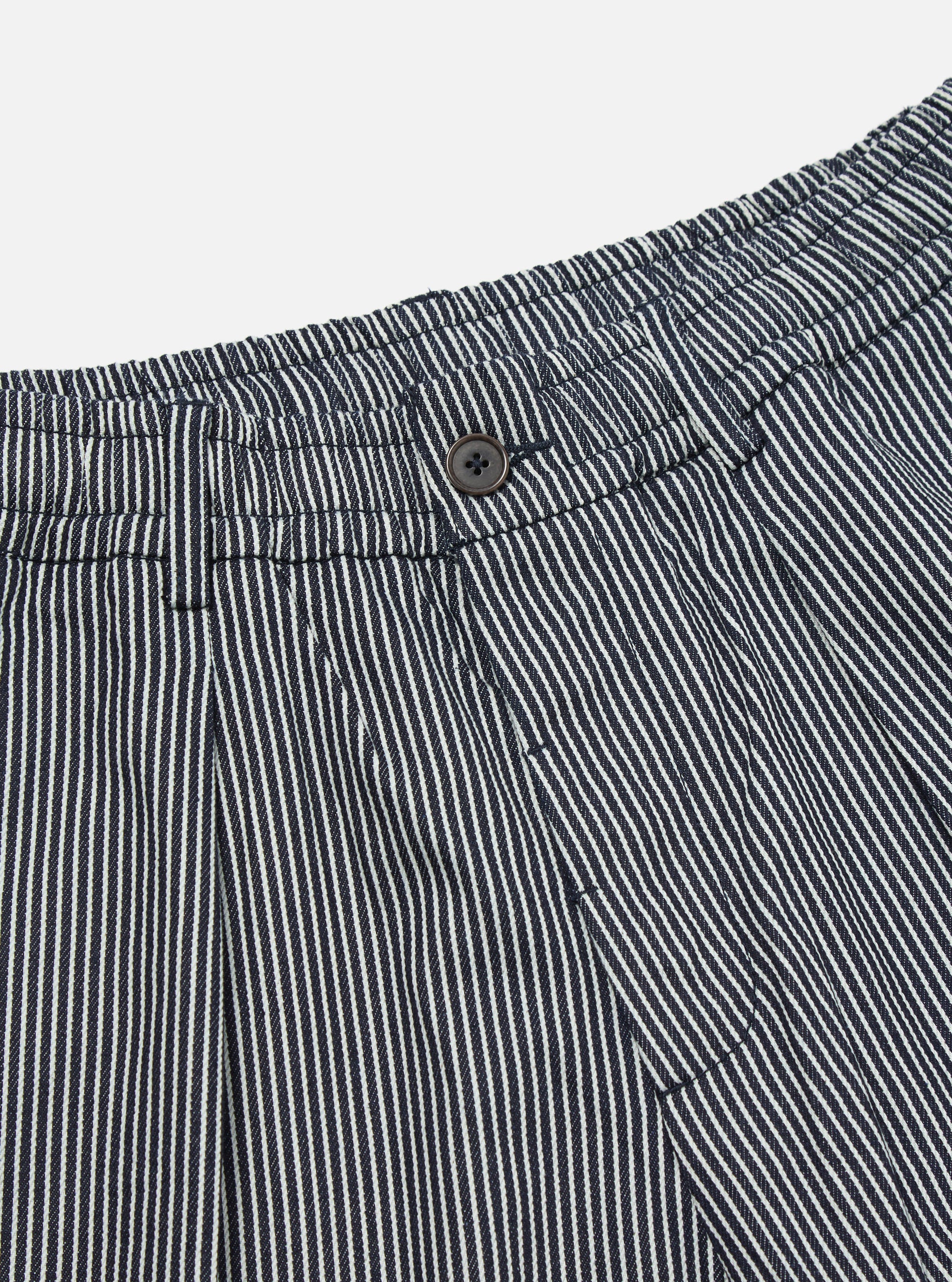 Universal Works Pleated Track Short in Indigo Hickory Stripe Denim