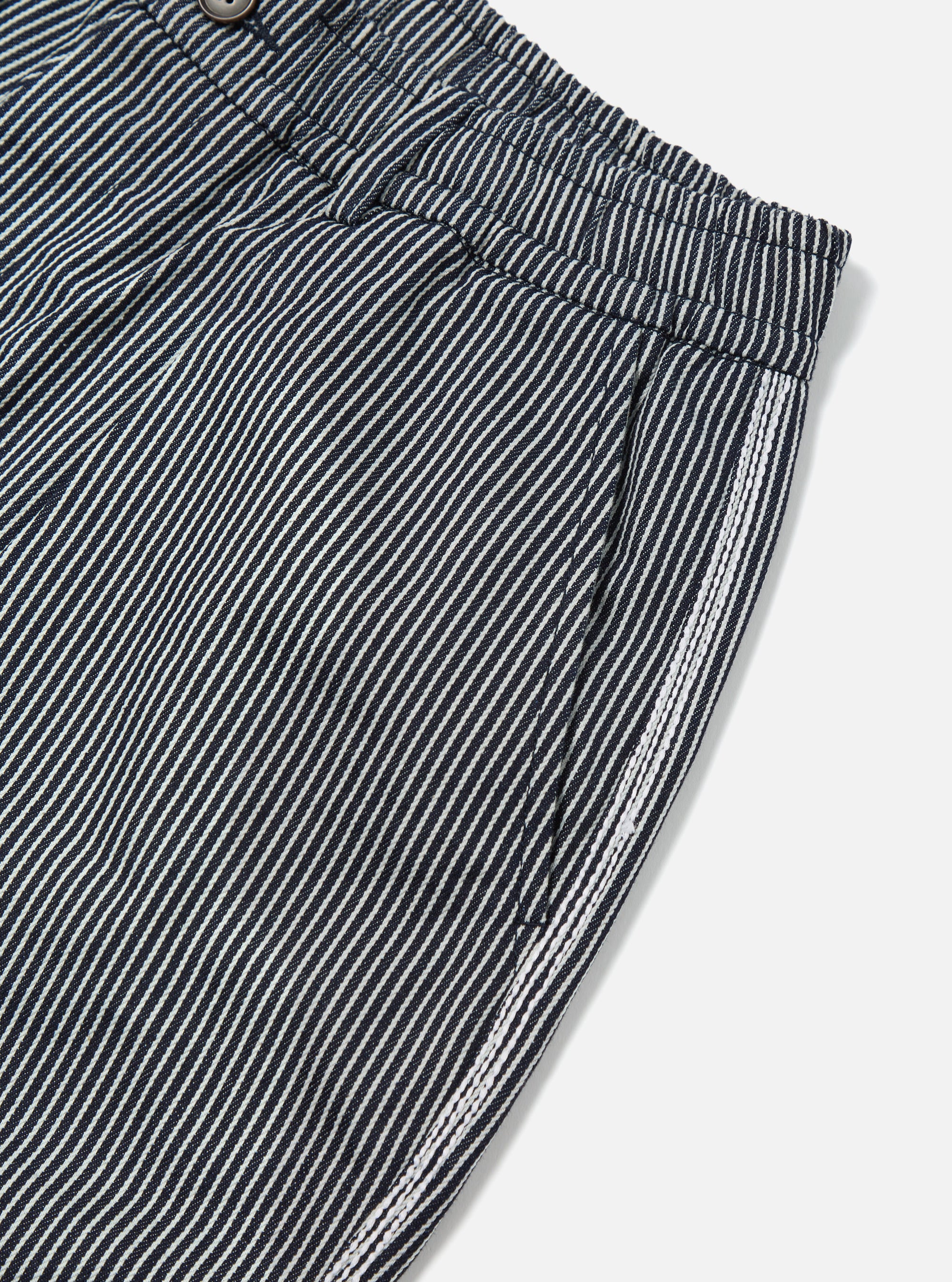 Universal Works Pleated Track Short in Indigo Hickory Stripe Denim