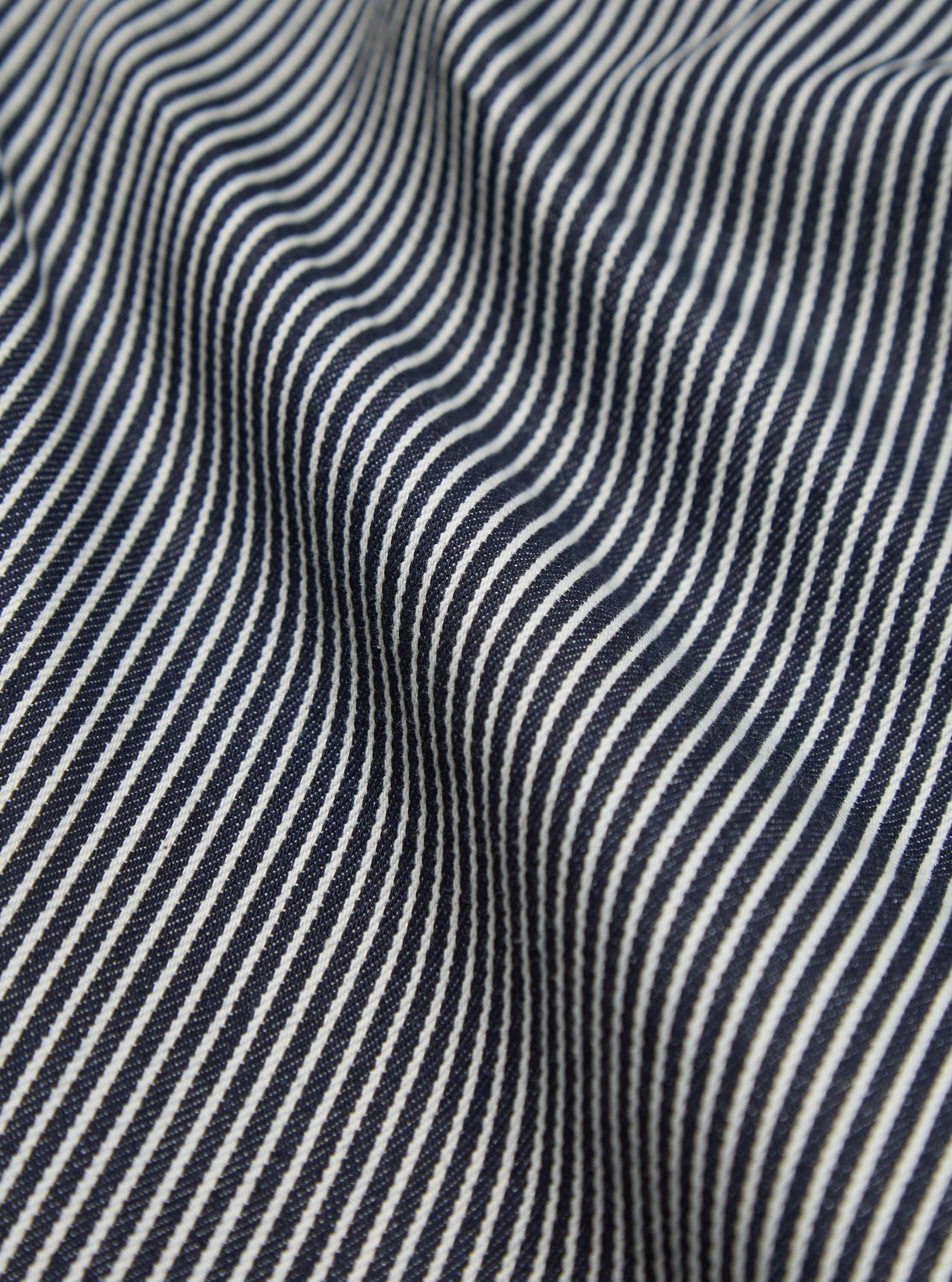 Universal Works Pleated Track Short in Indigo Hickory Stripe Denim