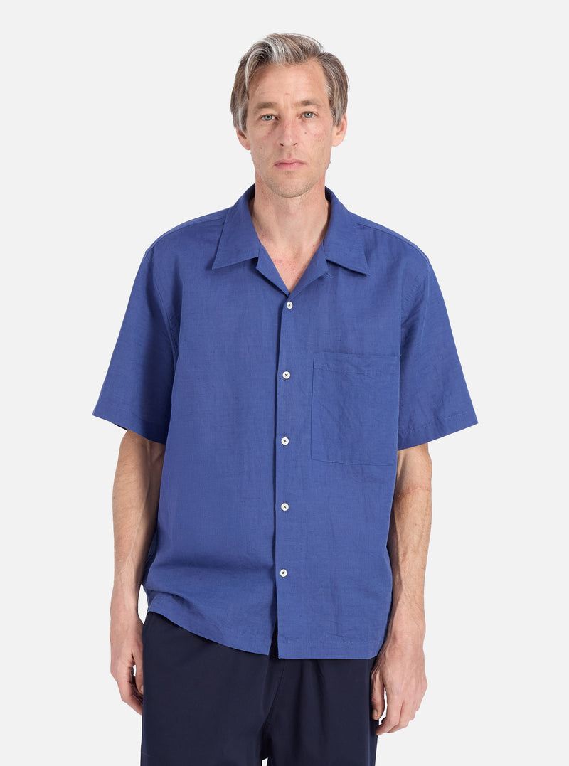 Universal Works Camp Shirt in Blue Linen Cotton Shirting
