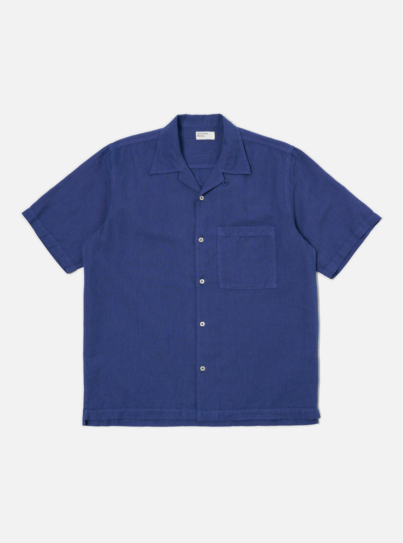 Universal Works Camp Shirt in Blue Linen Cotton Shirting