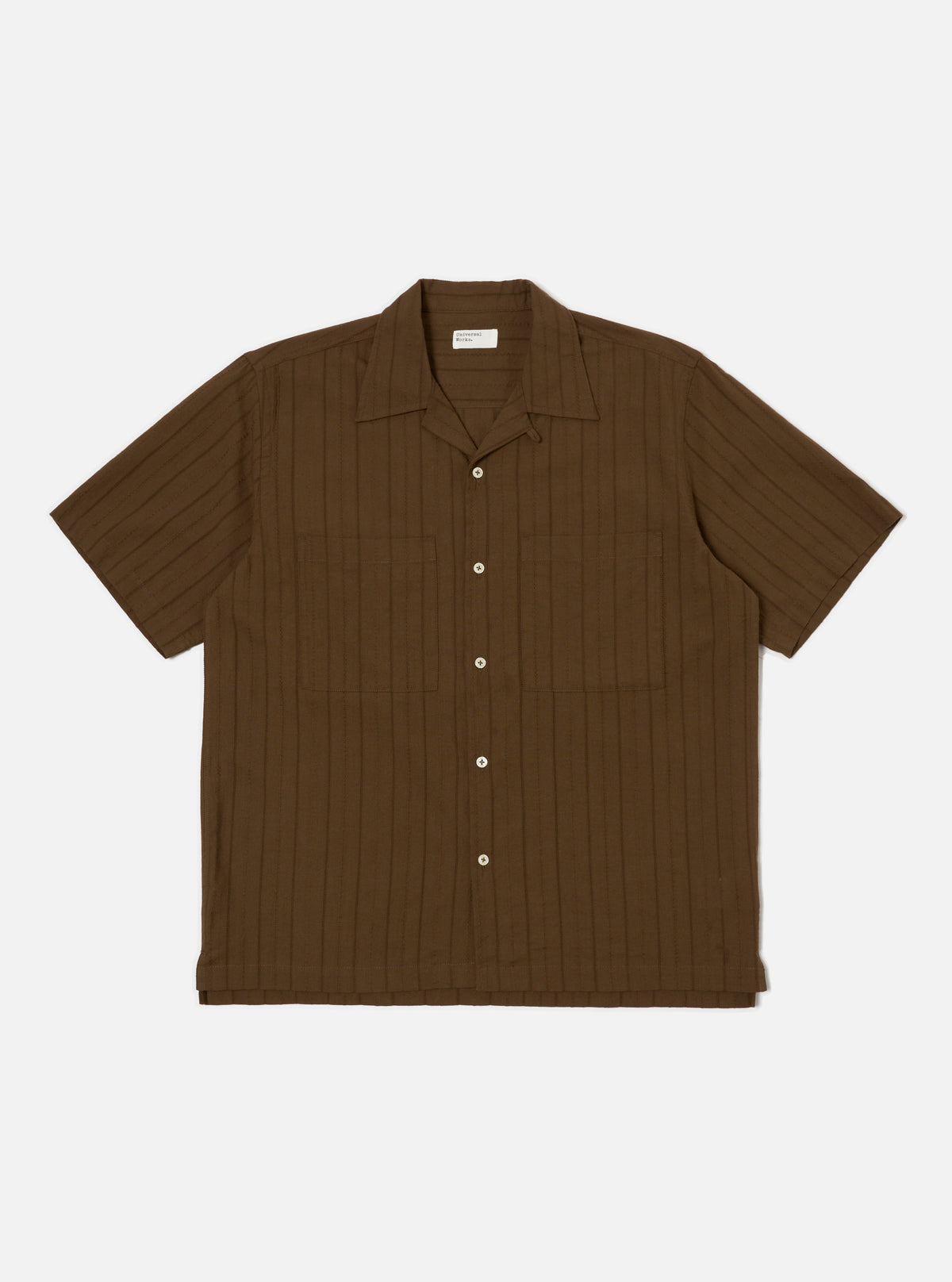 Universal Works Camper Shirt in Brown Dobby Self Stripe