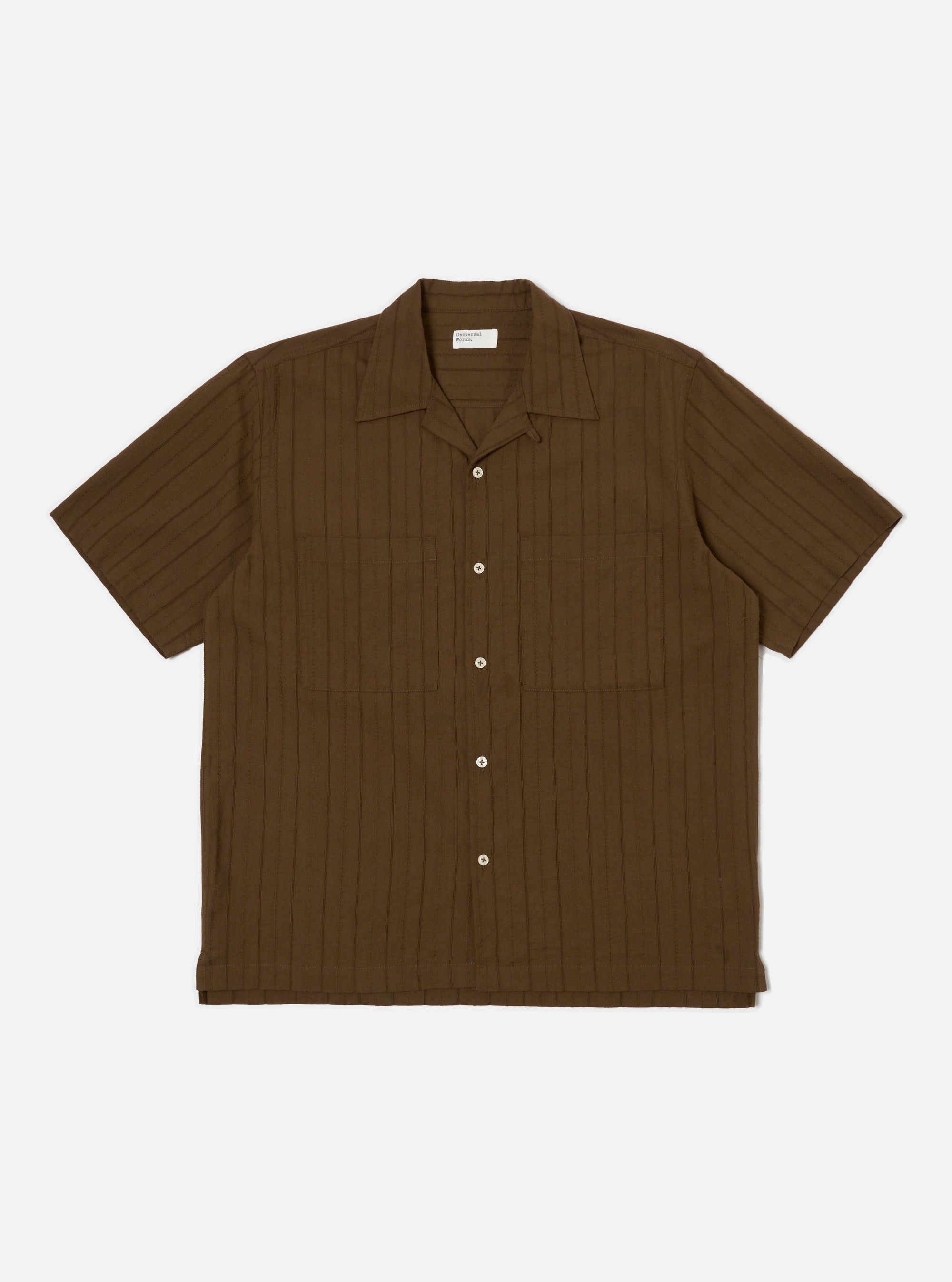 Universal Works Camper Shirt in Brown Dobby Self Stripe