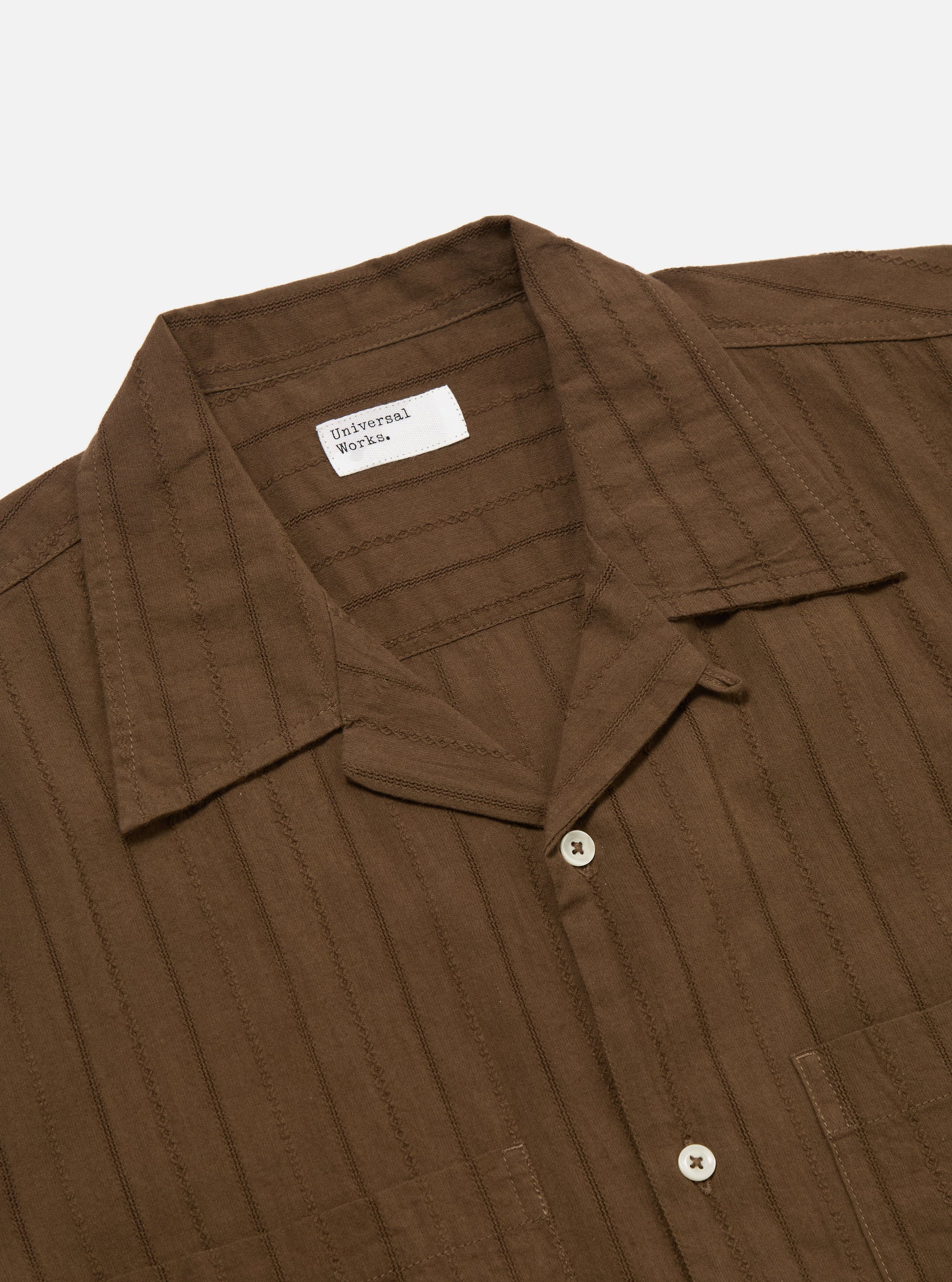 Universal Works Camper Shirt in Brown Dobby Self Stripe
