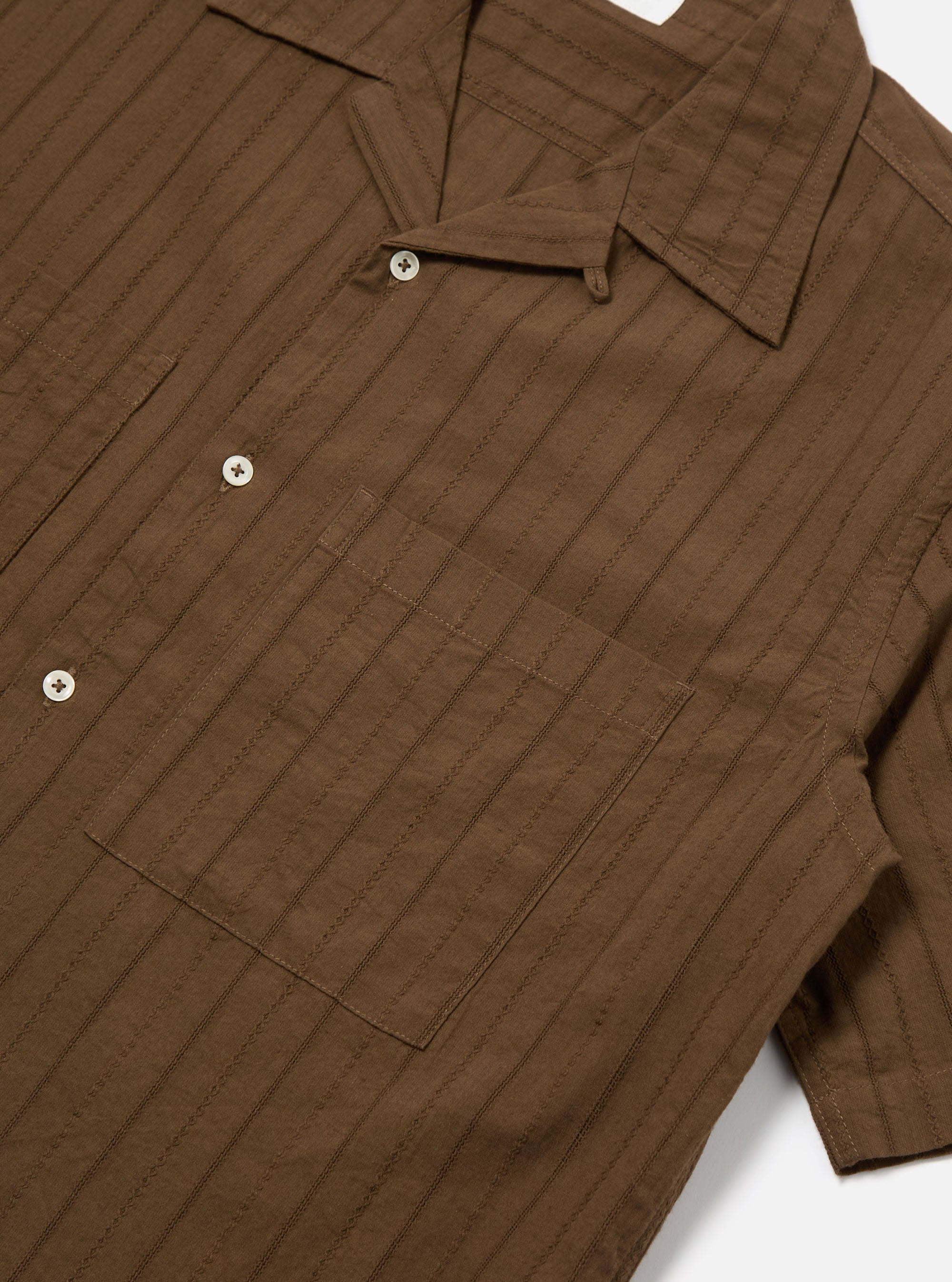 Universal Works Camper Shirt in Brown Dobby Self Stripe