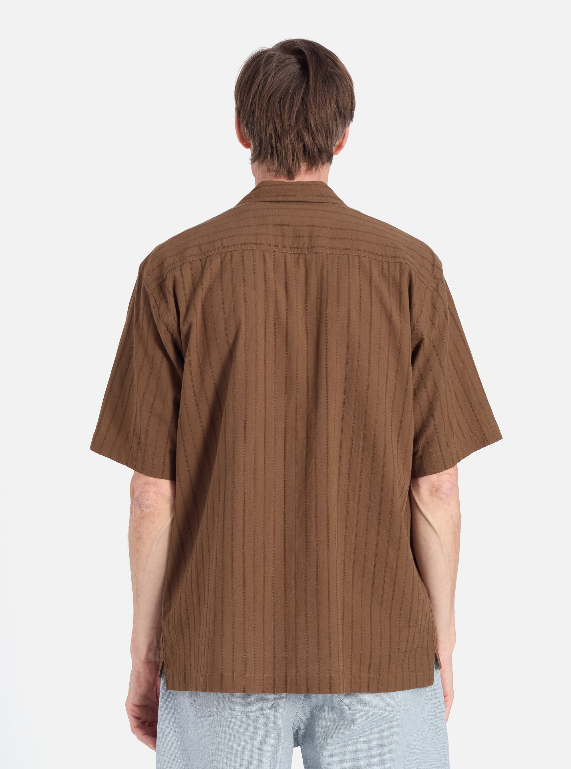 Universal Works Camper Shirt in Brown Dobby Self Stripe