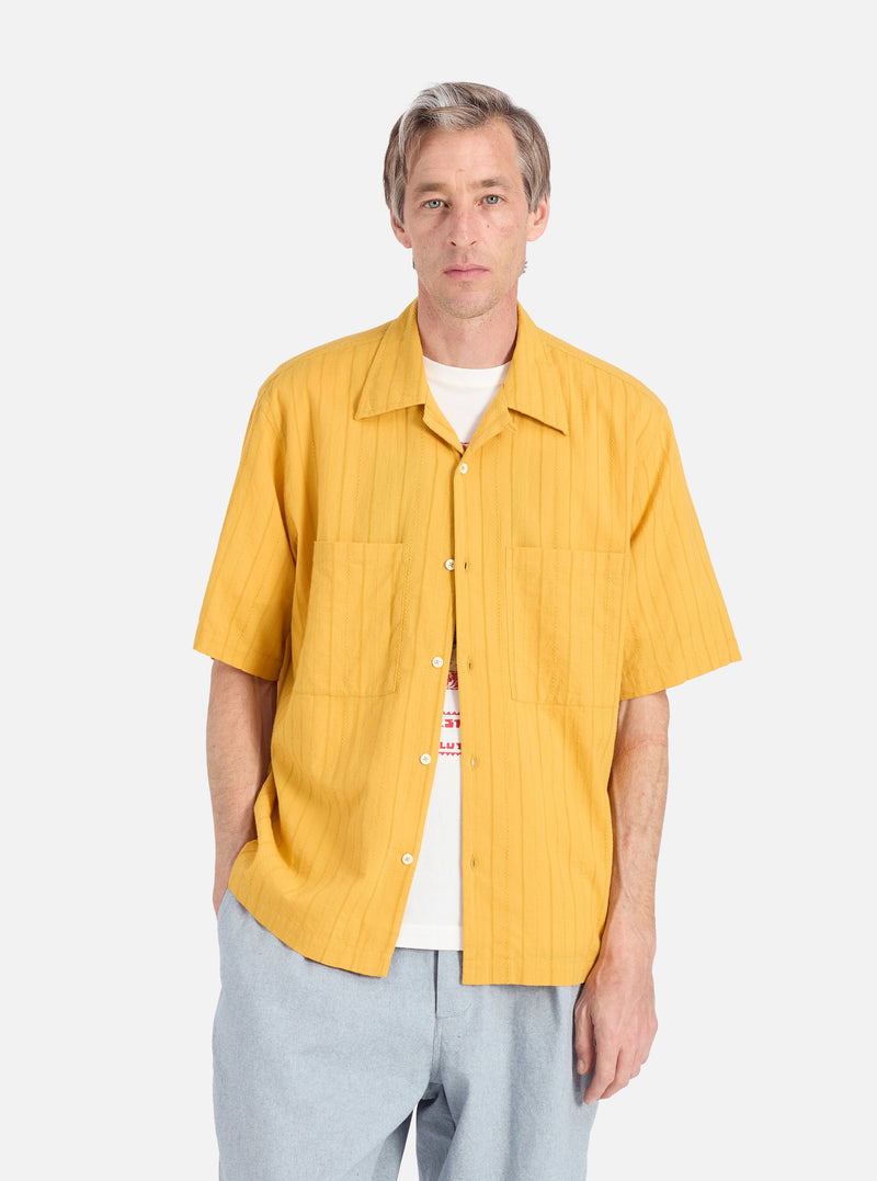 Universal Works Camper Shirt in Mustard Dobby Self Stripe