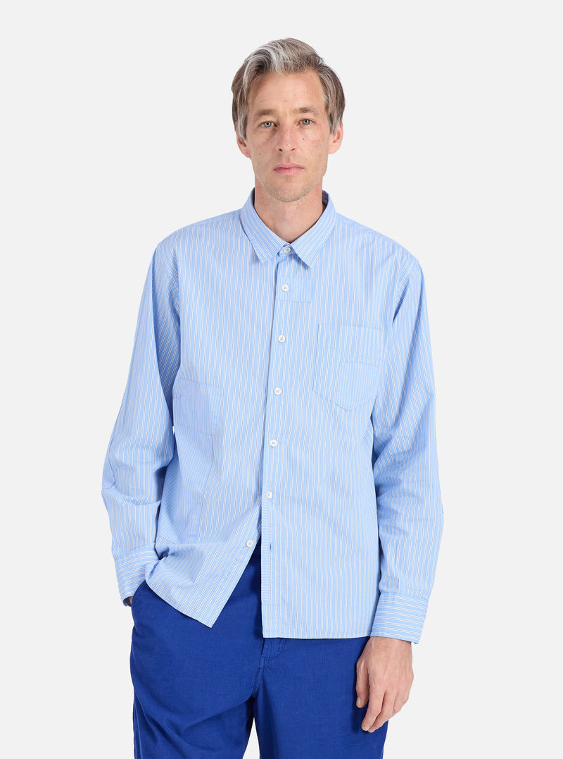 Universal Works Patched Shirt in Blue Vila Stripes