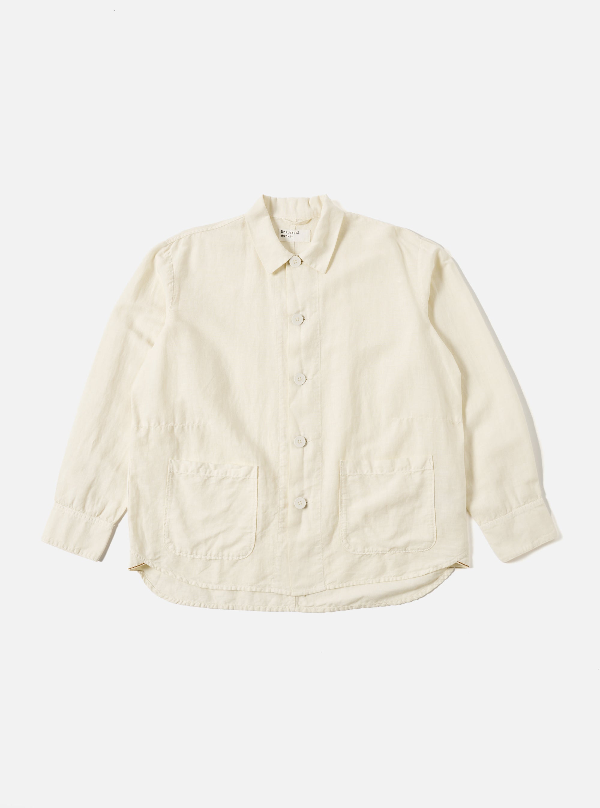 Universal Works Travail Overshirt in Ecru Linen Cotton Shirting