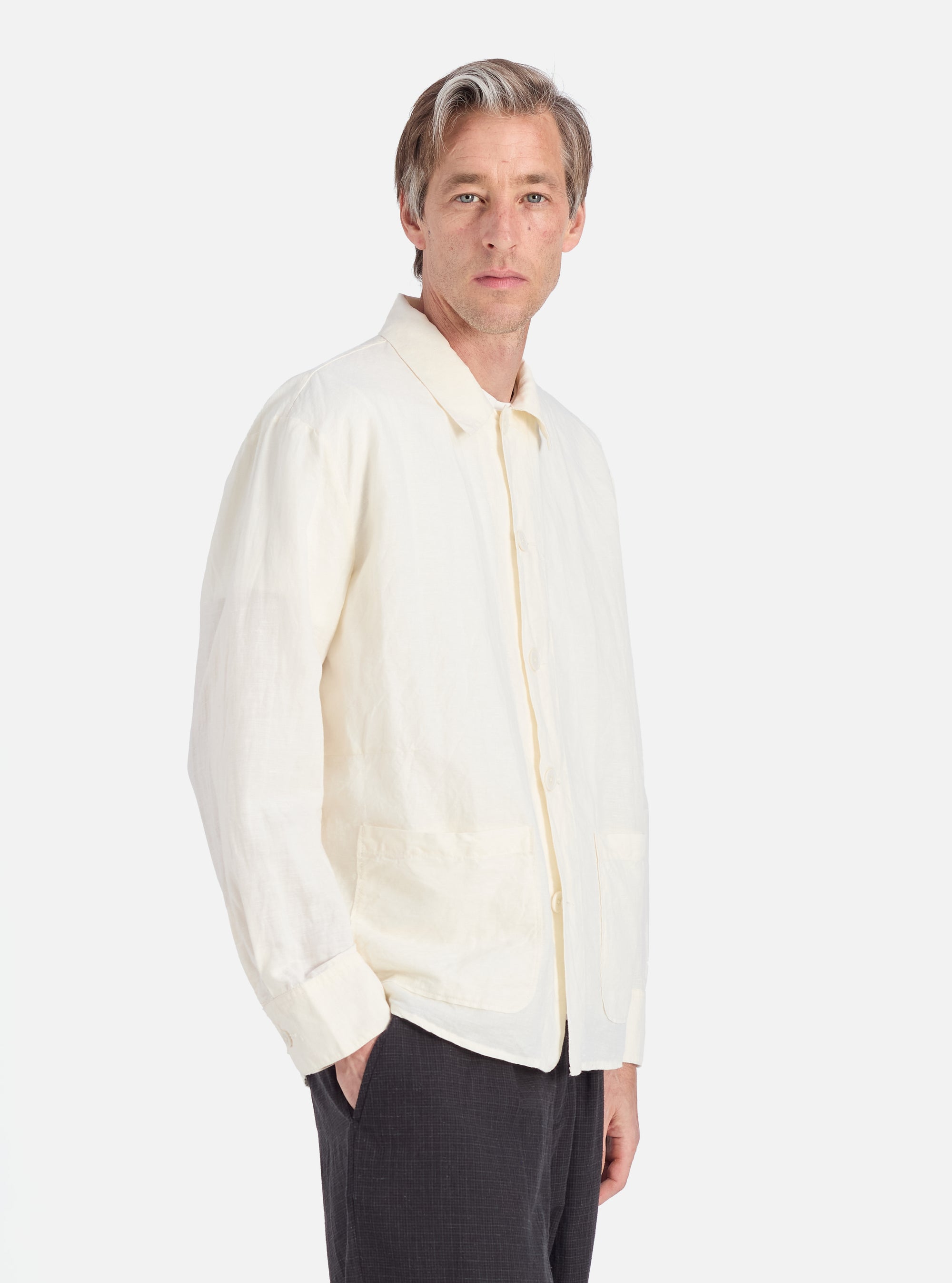 Universal Works Travail Overshirt in Ecru Linen Cotton Shirting