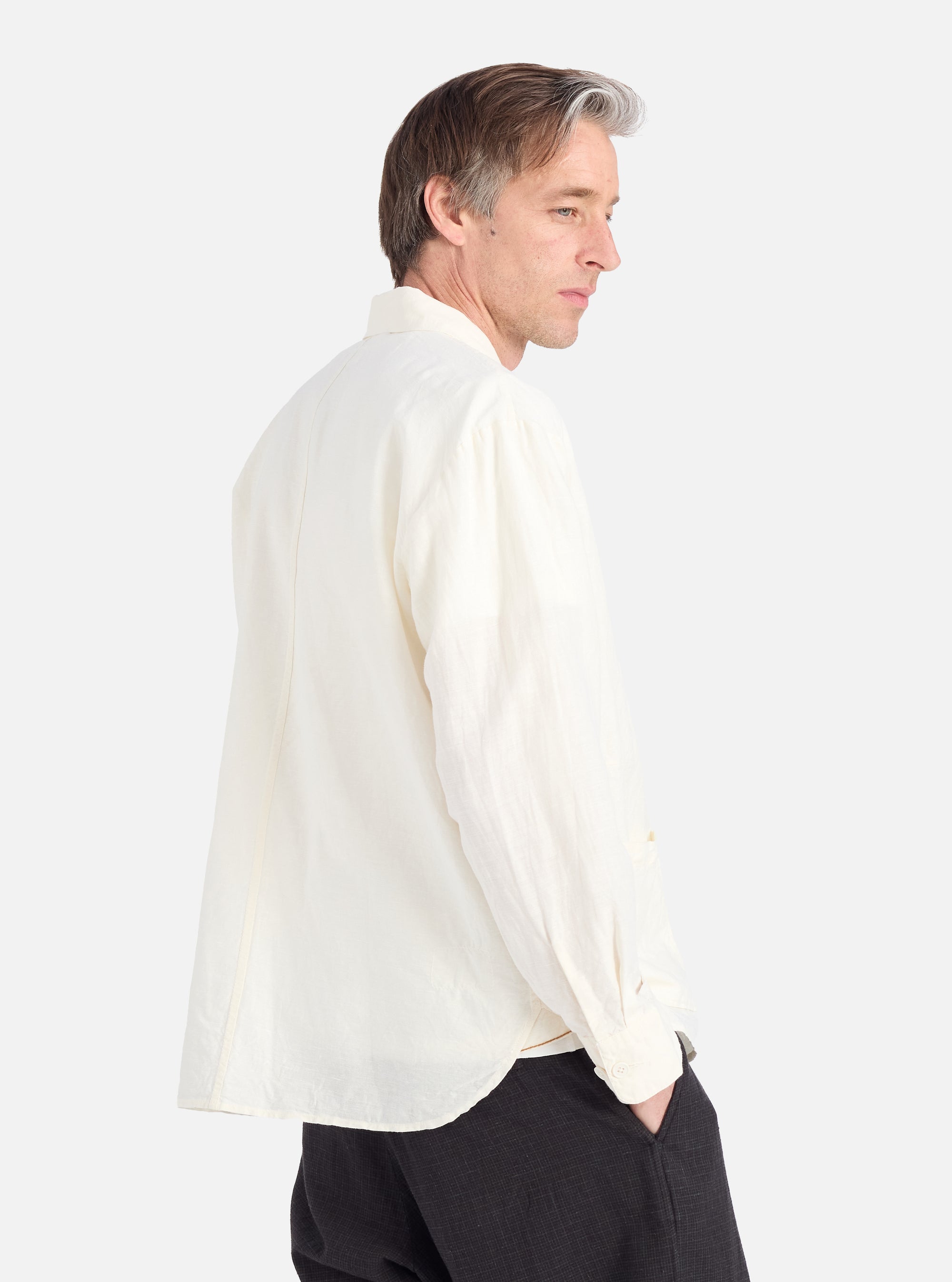 Universal Works Travail Overshirt in Ecru Linen Cotton Shirting