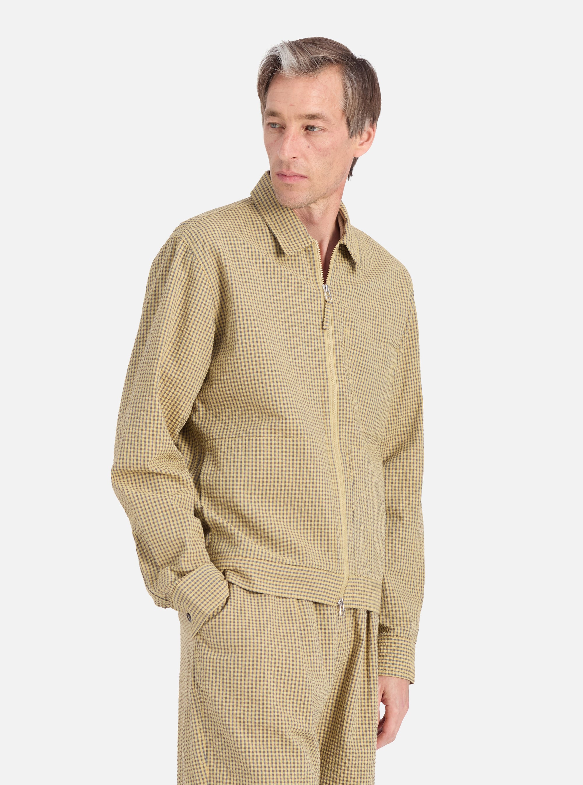 Universal Works Zip Uniform Jacket in Yellow Japanese Seersucker