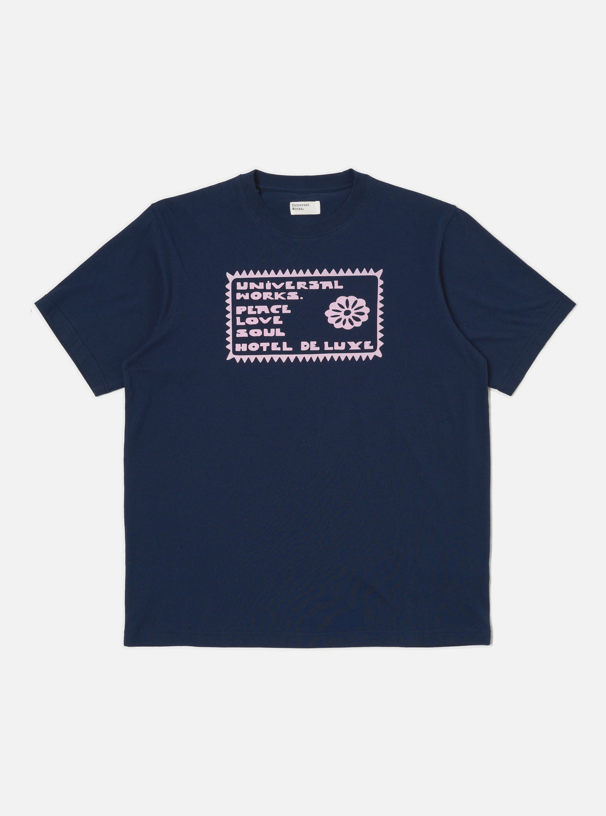 Universal Works Print Tee in Navy/Pink Single Jersey Pickup