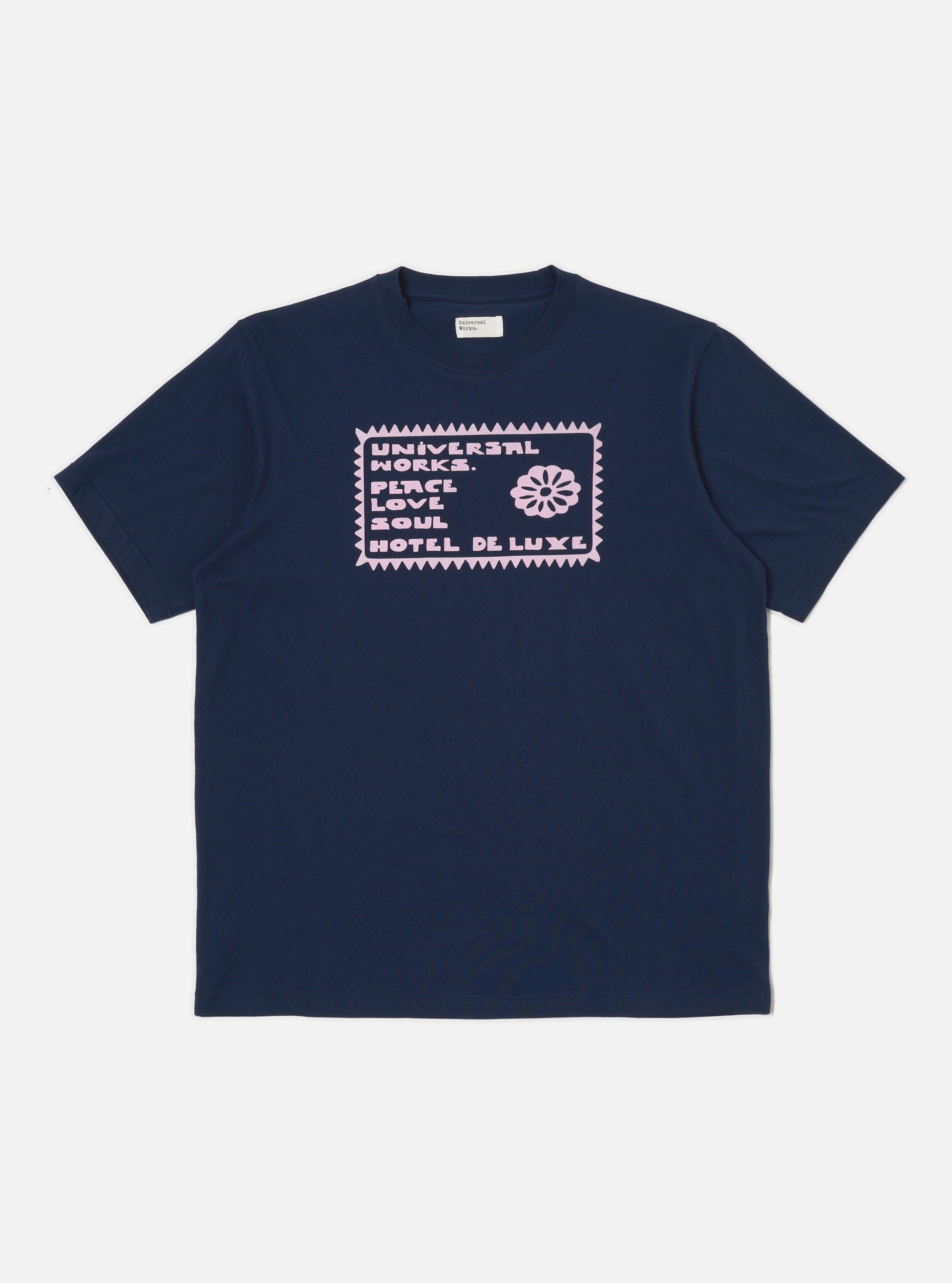 Universal Works Print Tee in Navy/Pink Single Jersey Pickup