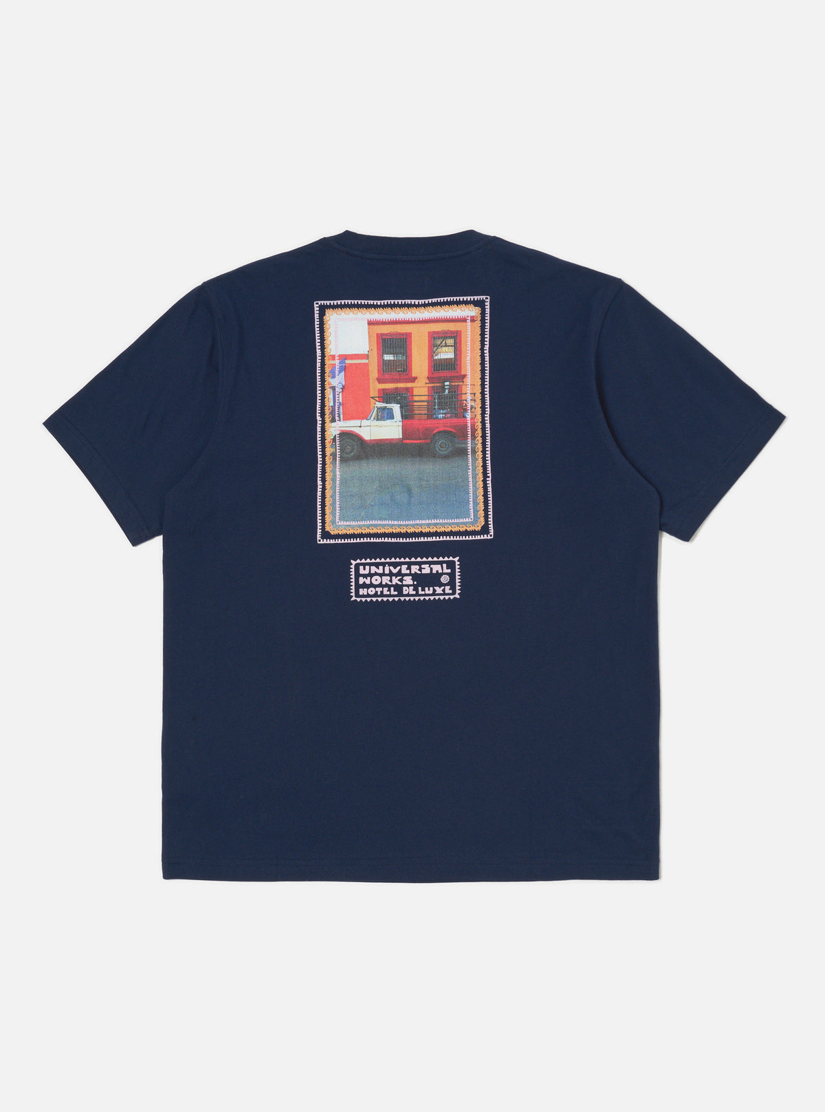 Universal Works Print Tee in Navy/Pink Single Jersey Pickup