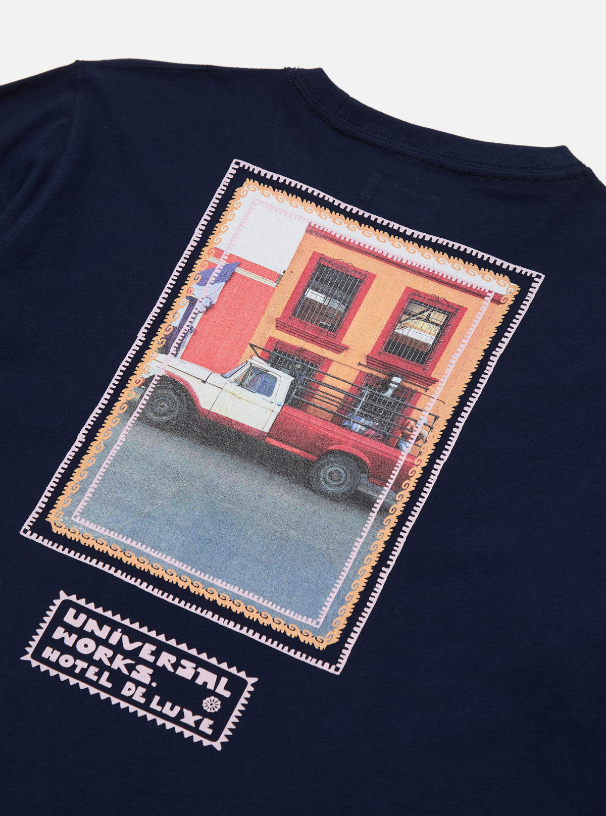Universal Works Print Tee in Navy/Pink Single Jersey Pickup