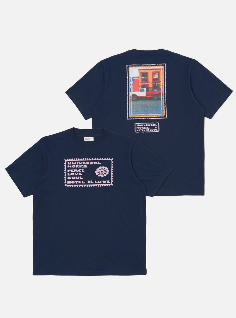 Universal Works Print Tee in Navy/Pink Single Jersey Pickup