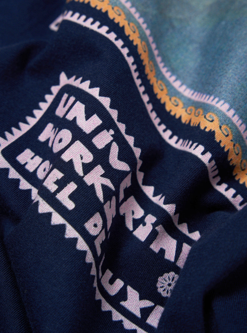 Universal Works Print Tee in Navy/Pink Single Jersey Pickup