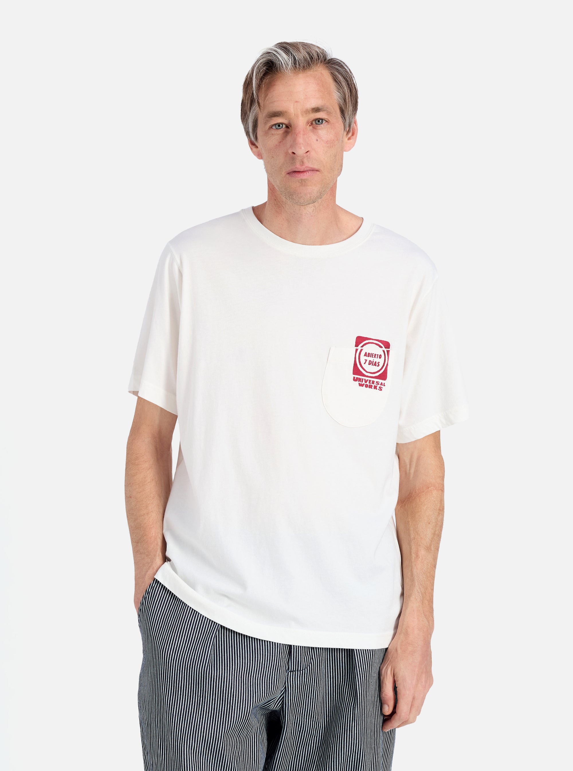 Universal Works Print Pocket Tee in Ecru/Red Single Jersey