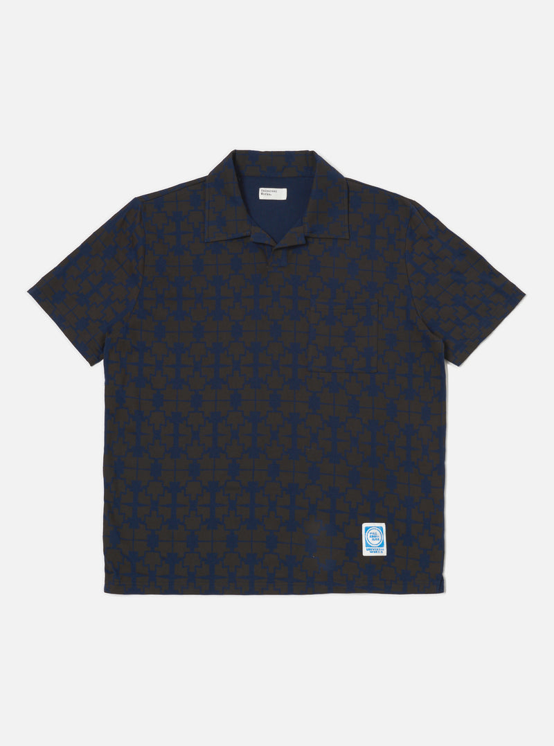 Universal Works Newlyn Polo Tee in Navy/Brown Mitla Print Jersey